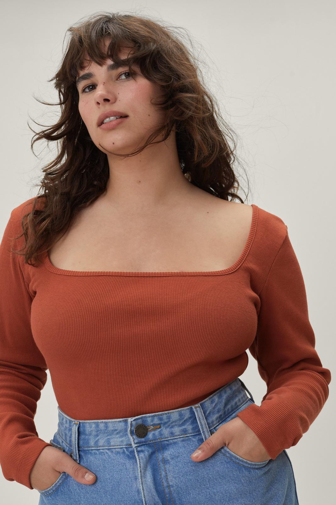 Rust Plus Size Ribbed Square Neck Bodysuit image number 1