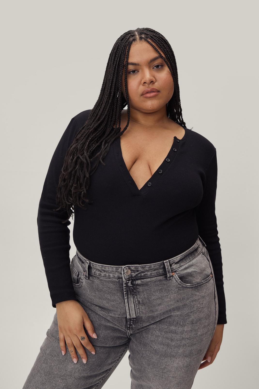 Black Plus Size Ribbed Button Down Bodysuit image number 1