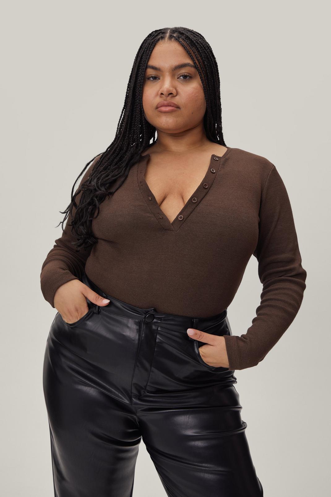 Chocolate Plus Size Ribbed Button Down Bodysuit image number 1
