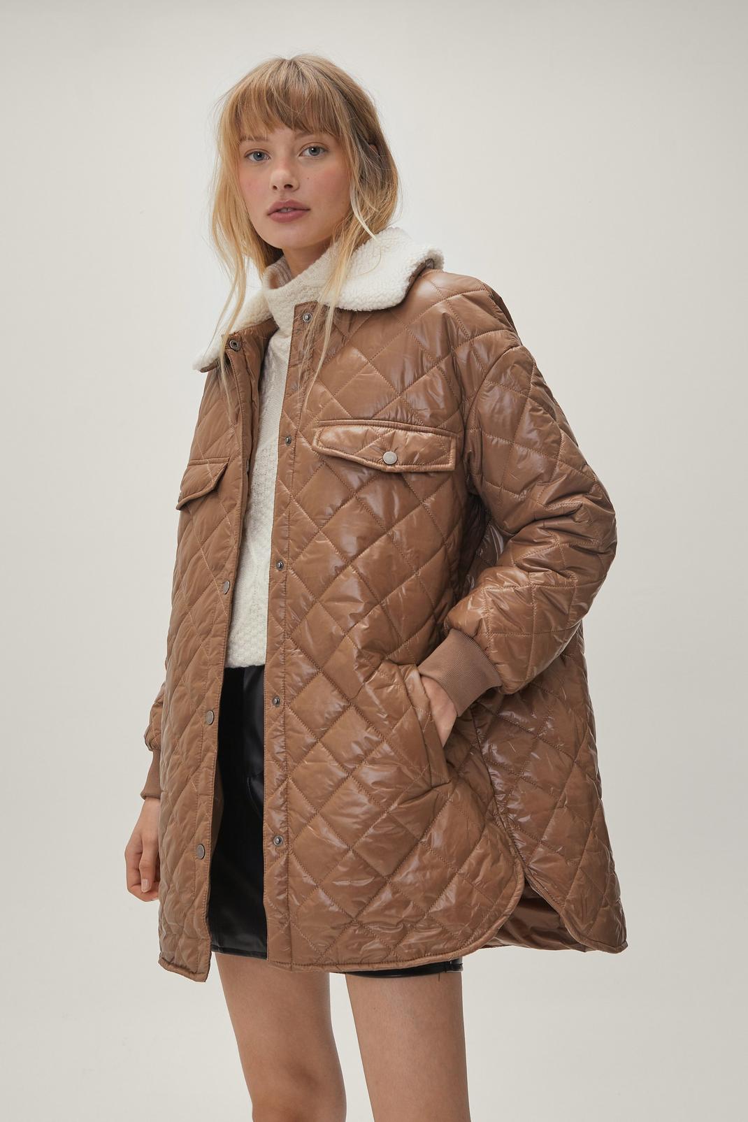 Mocha Quilted Borg Collar Coat image number 1