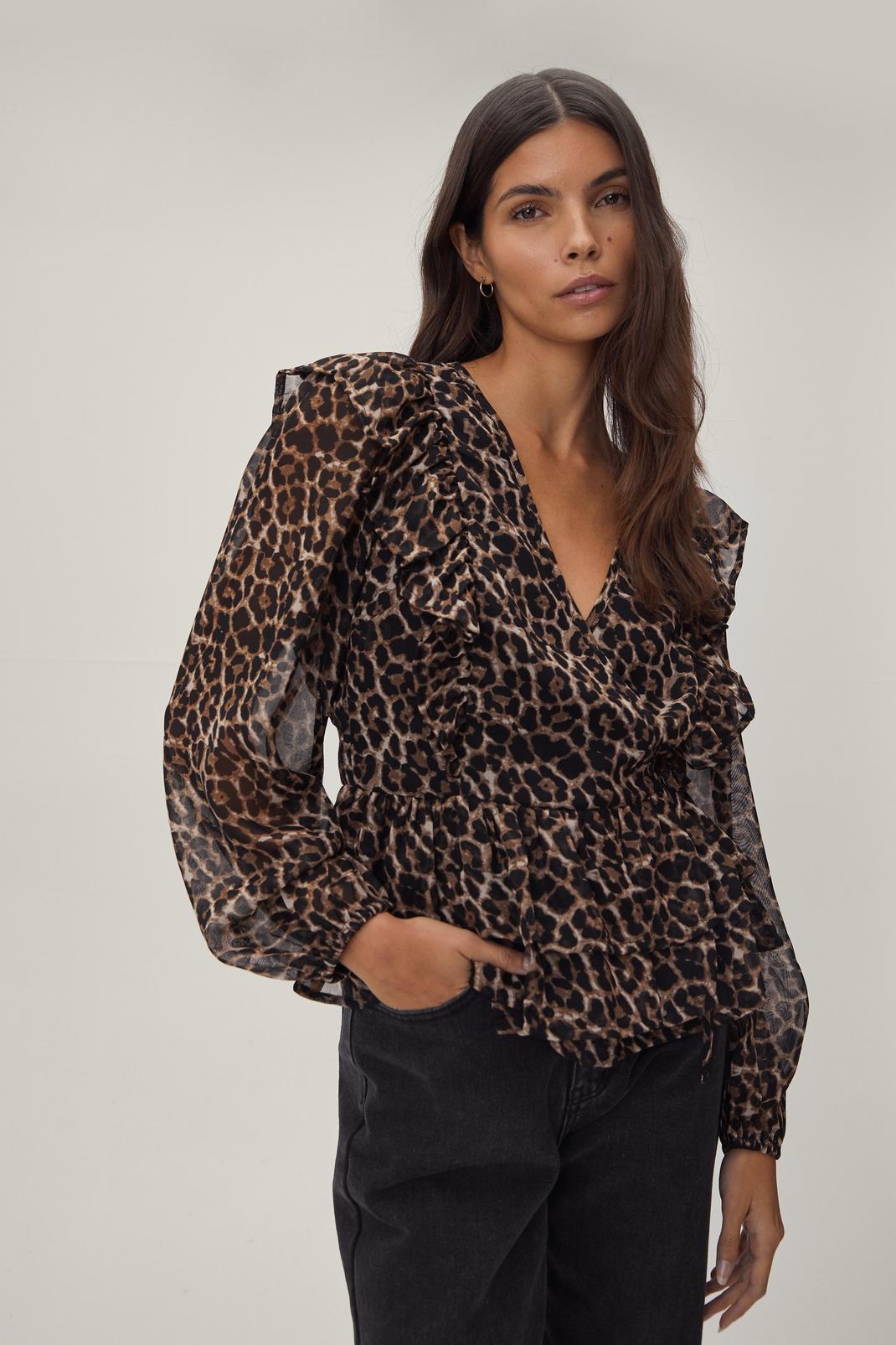 Brown Leopard Print Ruffle Wrap Blouse image number 1