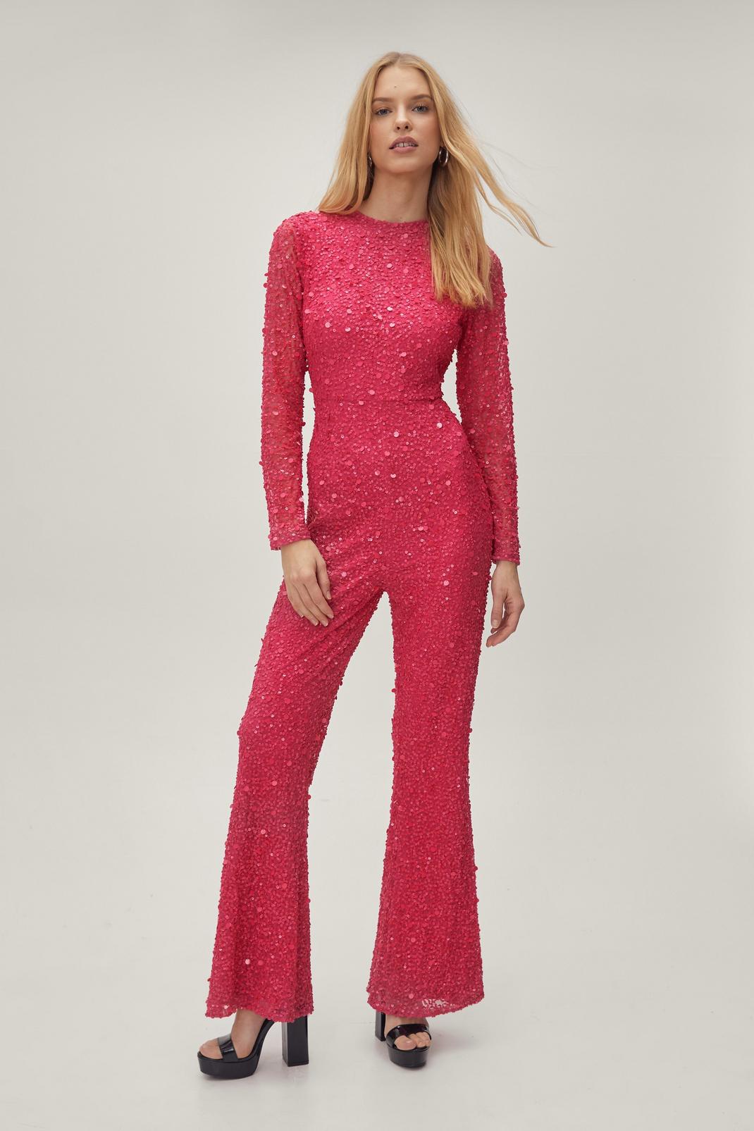 Bright pink Beaded Long Sleeve Flared Leg Jumpsuit image number 1