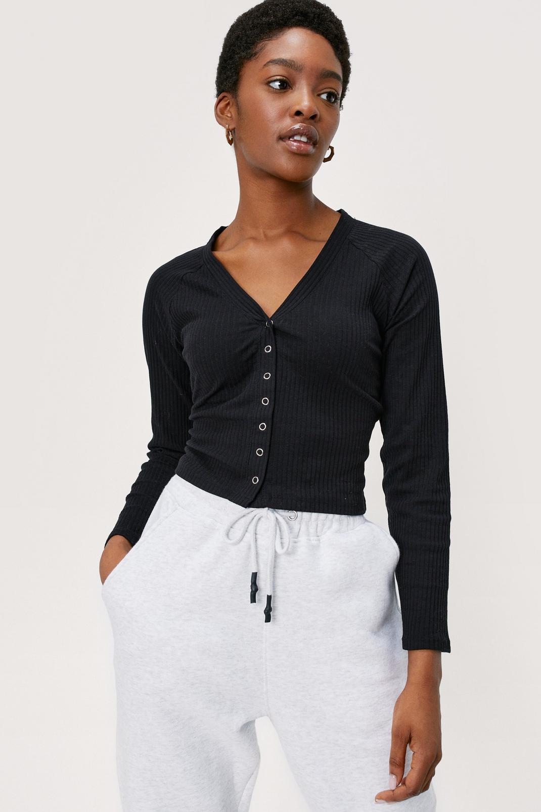 Black Long Sleeve Ribbed Button Down Top image number 1