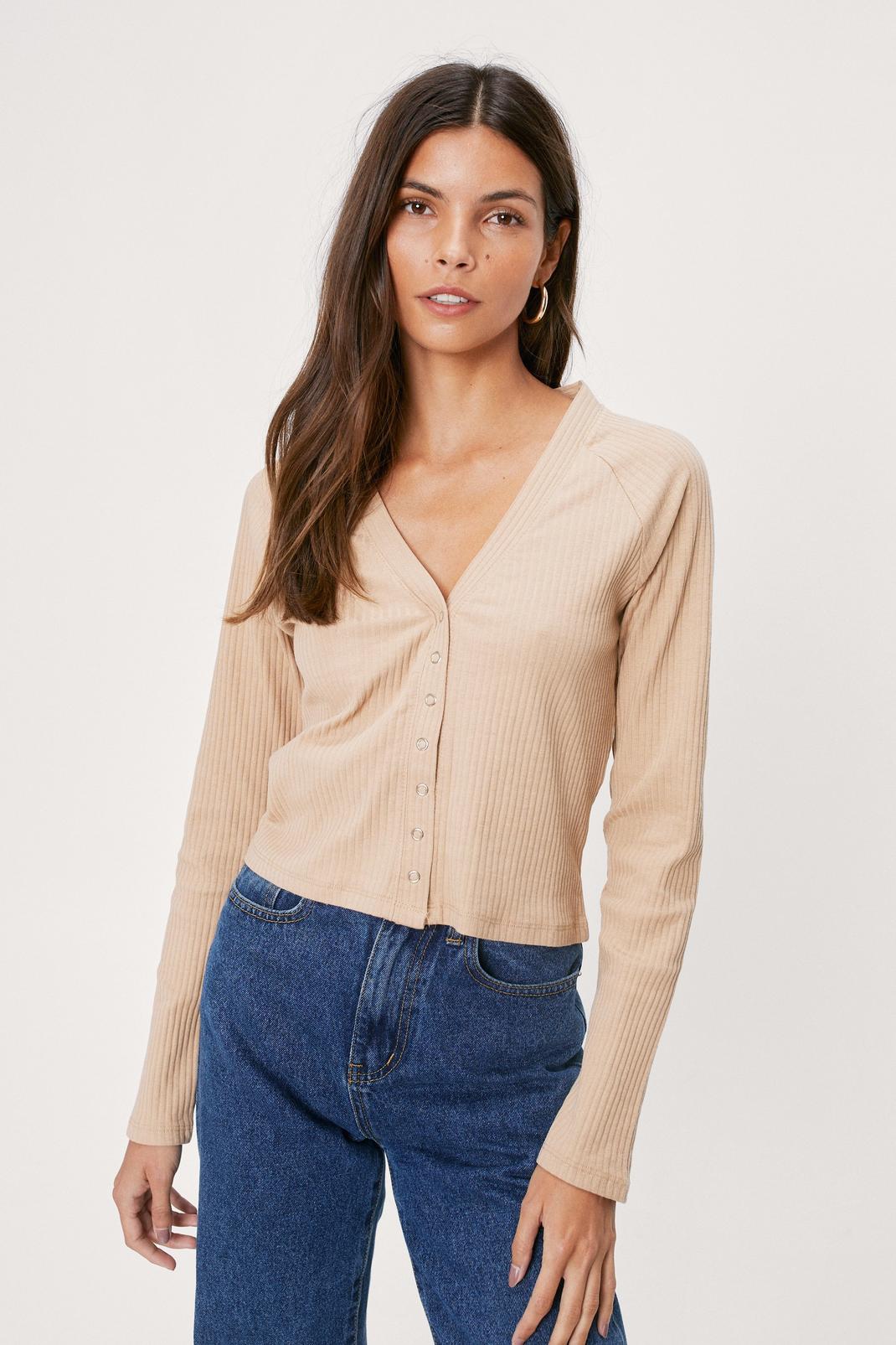 Taupe Long Sleeve Rib Button Down Top image number 1