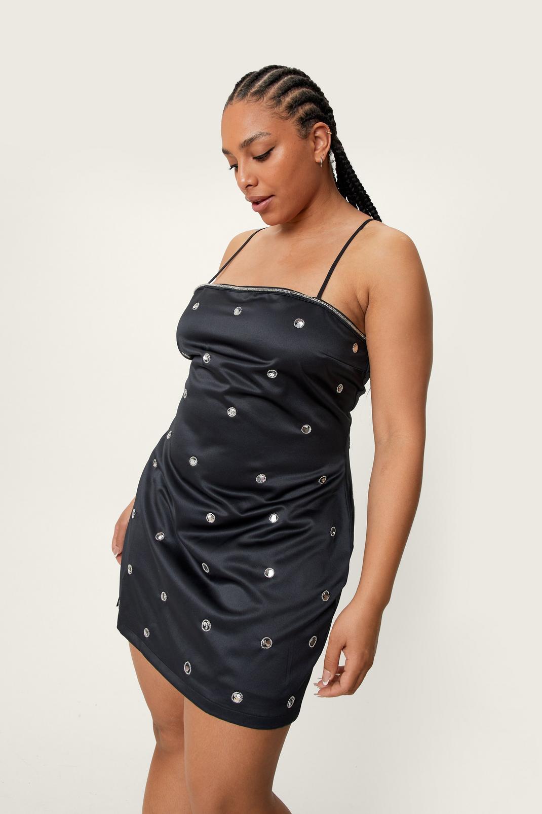 Black Plus Size Satin Circular Sequin Mini Dress image number 1