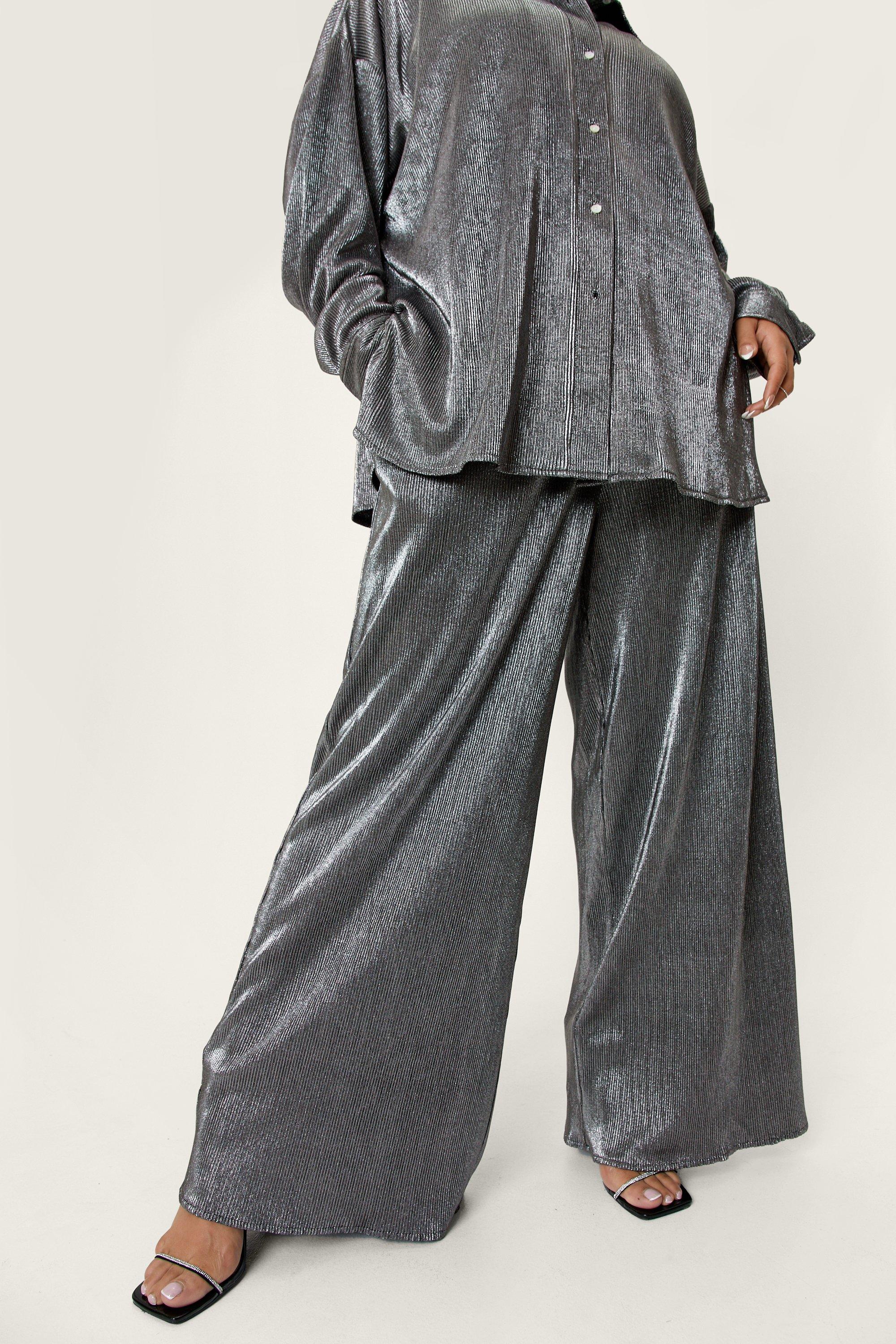 Plus Size Metallic Plisse Wide Leg Pants