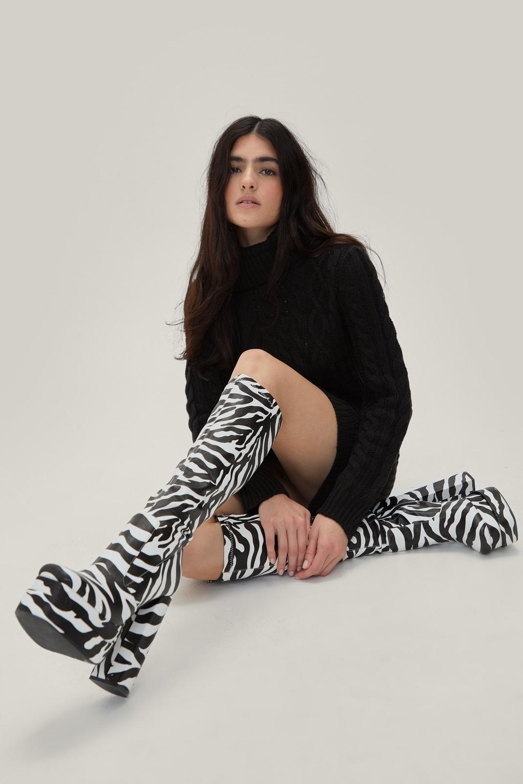 Black Zebra Print Platform Knee High Boots image number 1