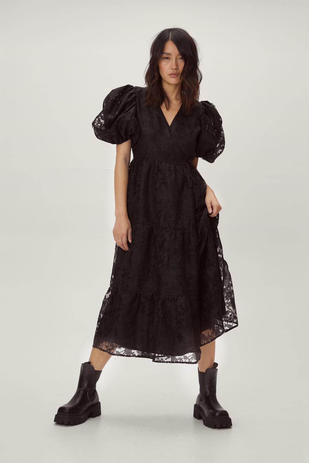 Black Organza Puff Sleeve Wrap Midi Dress image number 1