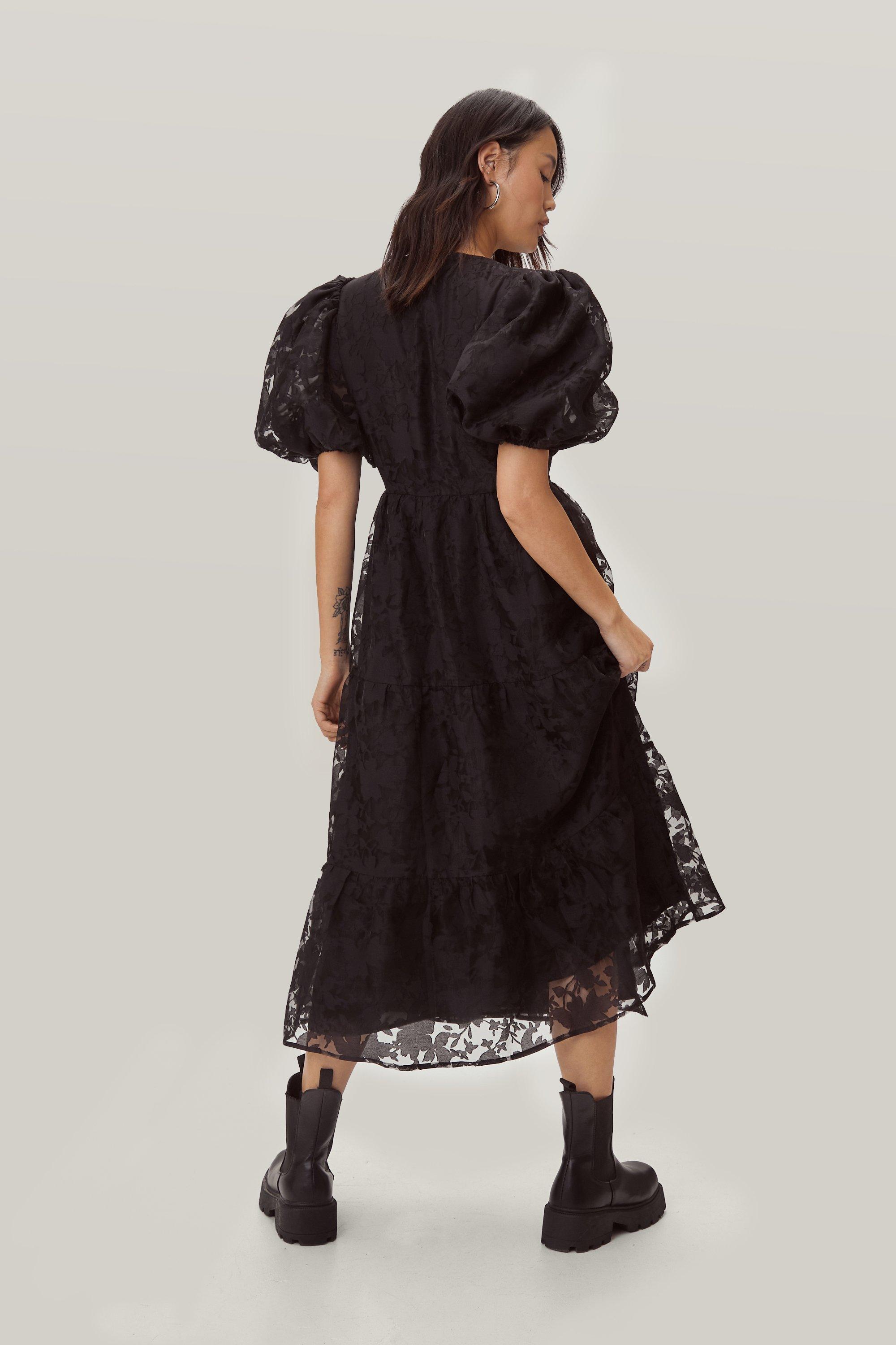 Organza Puff Sleeve Wrap Midi Dress