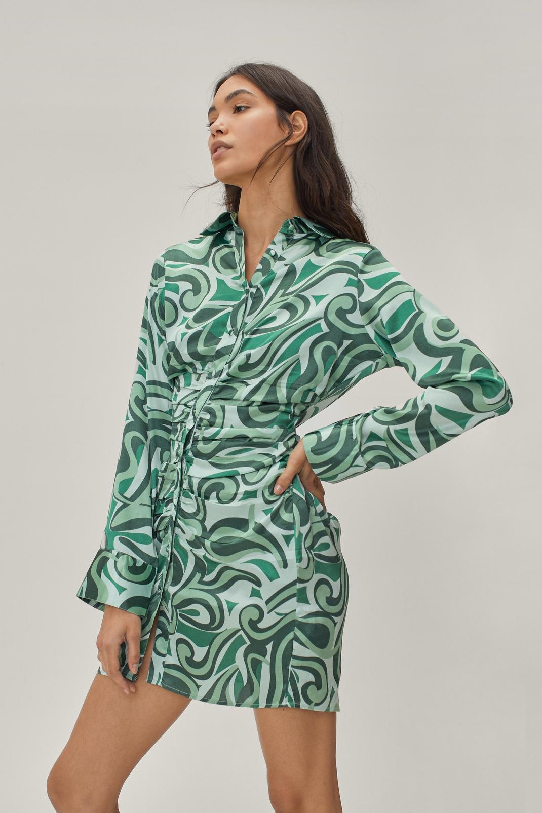 130 Green Swirl Print Ruche Shirt Dress image number 2