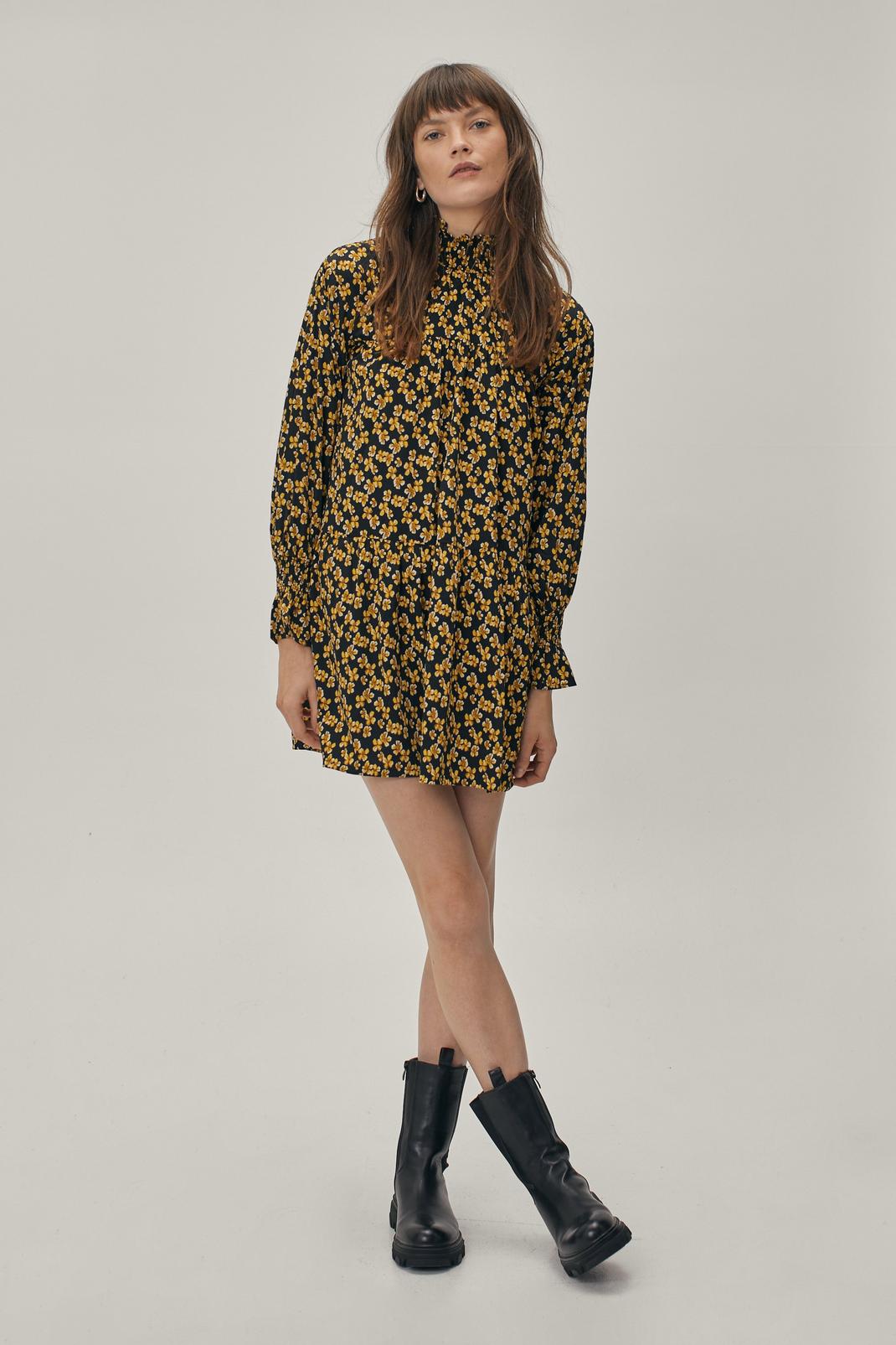 Yellow High Neck Floral Print Mini Smock Dress image number 1