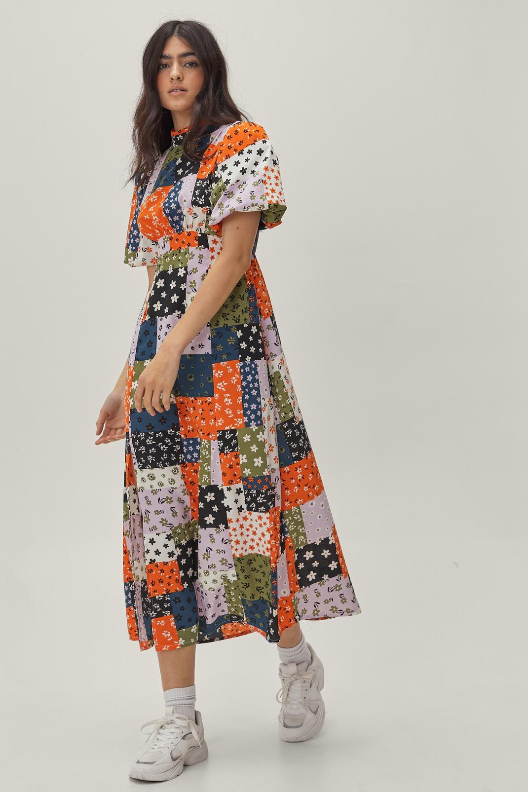 Multi Patchwork High Neck Puff Sleeve Midi Dress image number 1