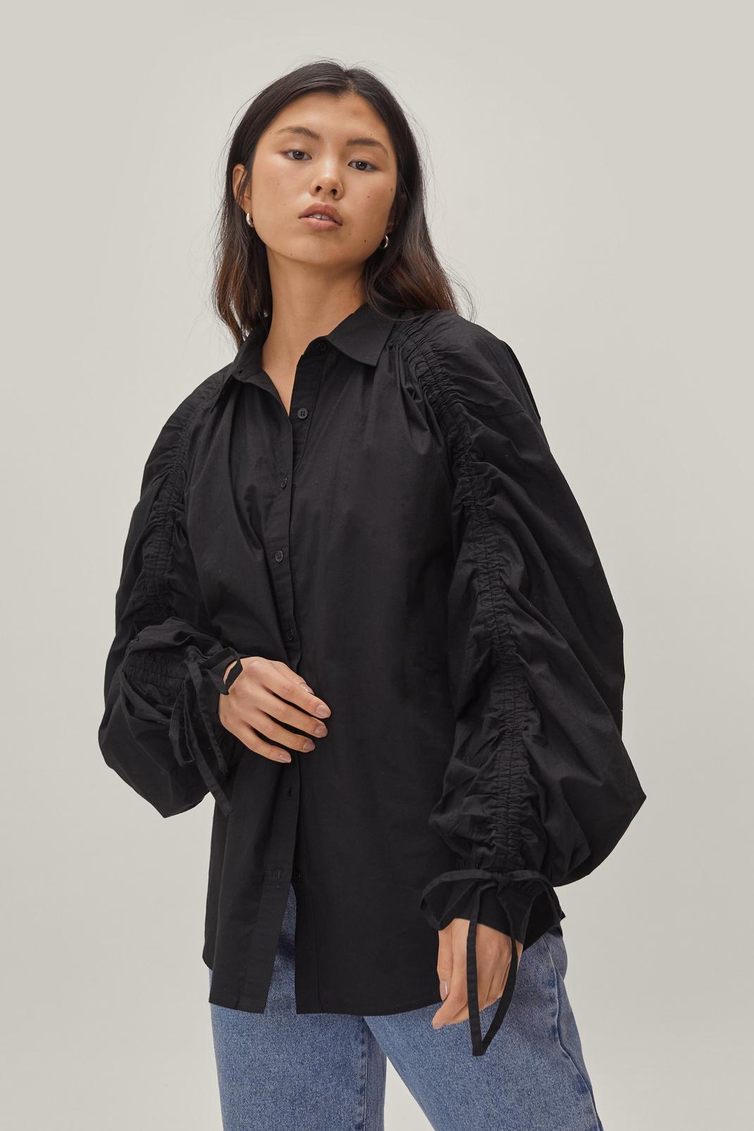 Black Ruched Oversized Sleeve Button Down Shirt image number 1