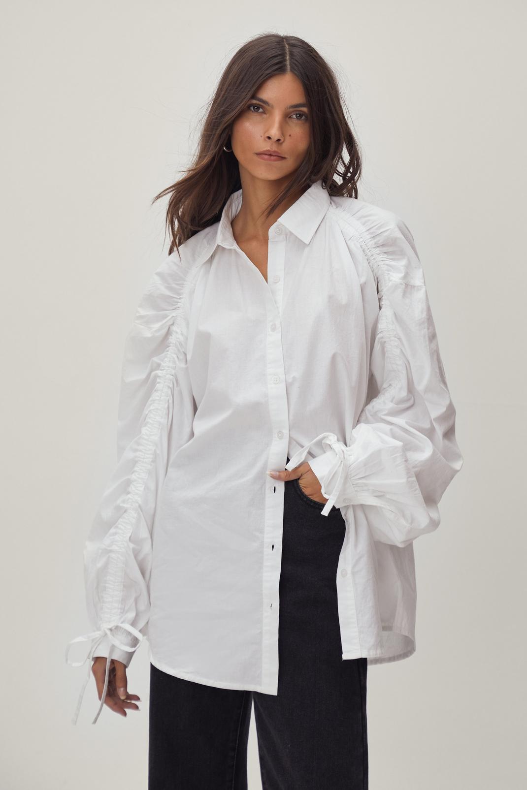 White Ruched Oversized Sleeve Button Down Shirt image number 1