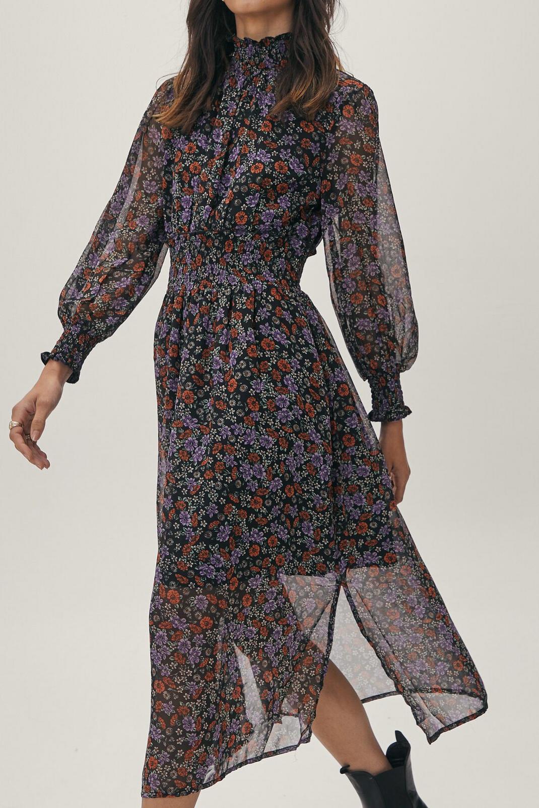 105 Floral High Neck Shirred Waist Midi Dress image number 1