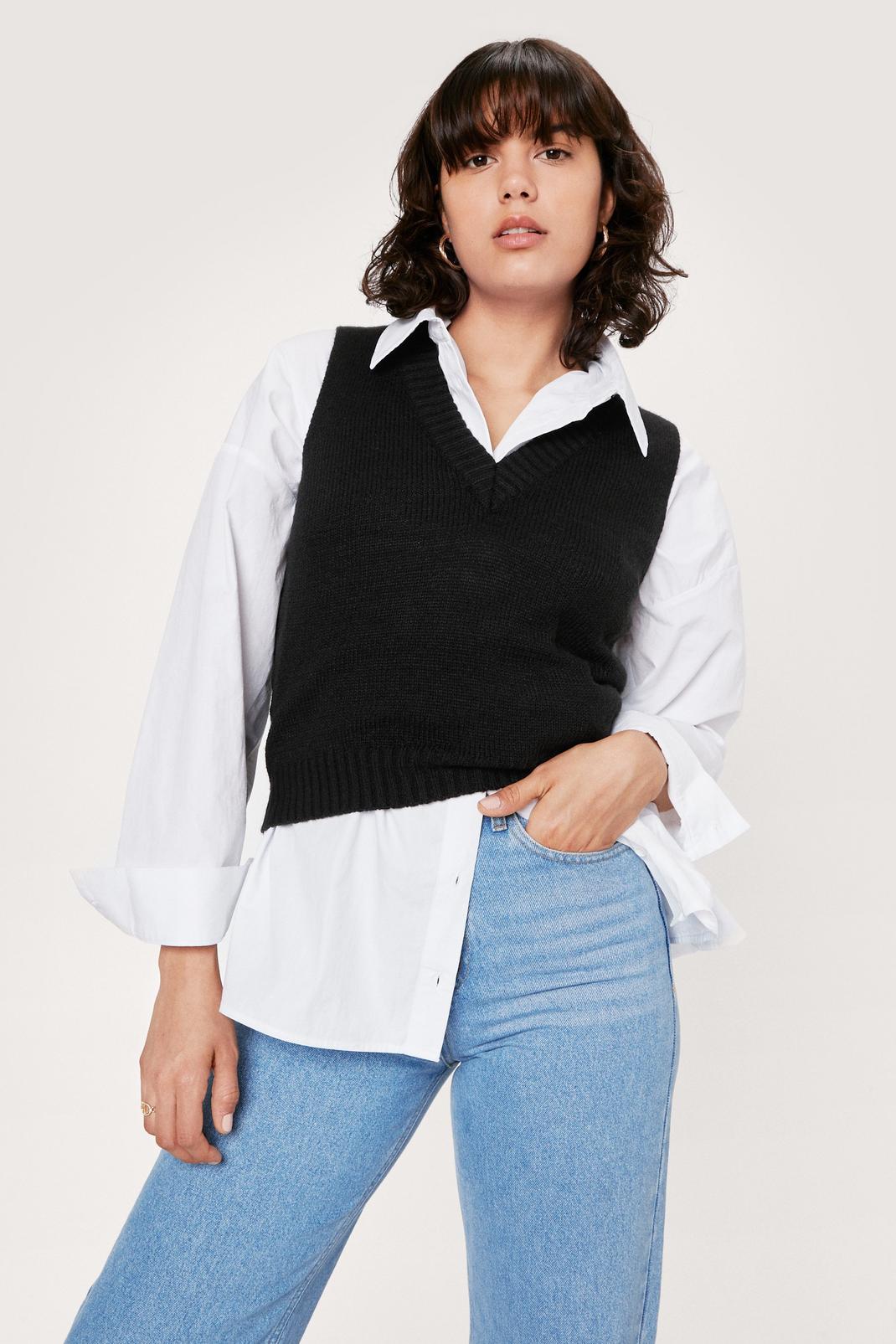 Black Petite Knitted V Neck Sweater Vest image number 1