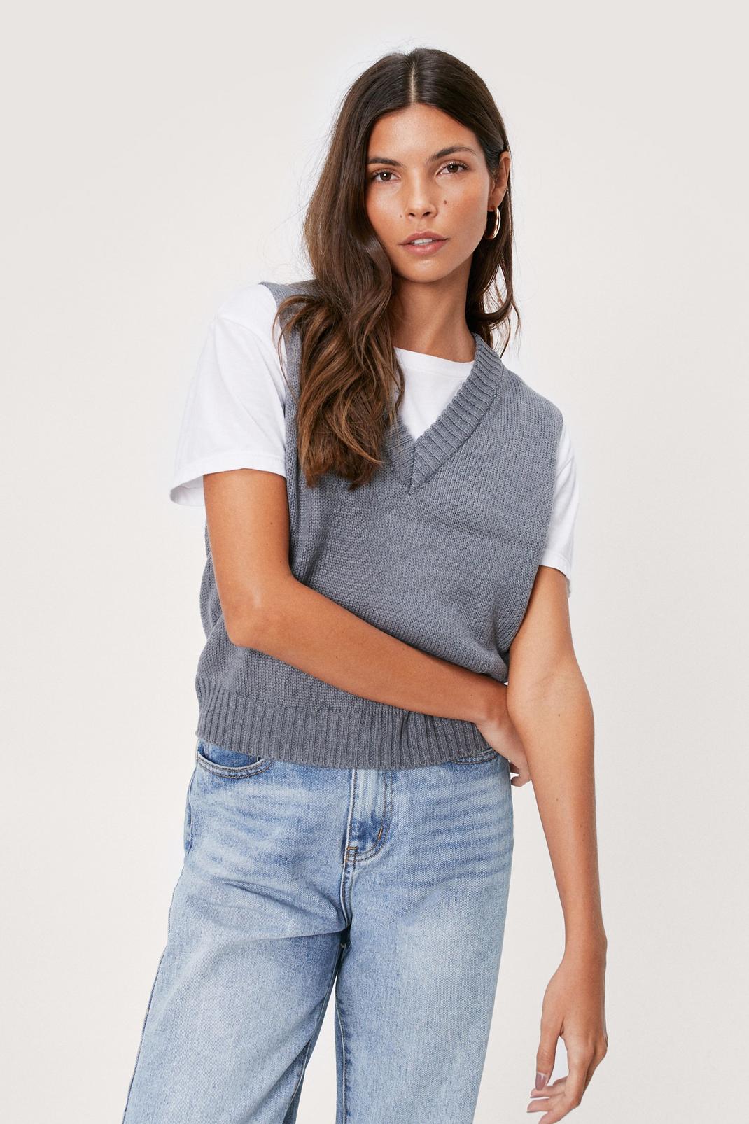 Mid grey Petite Knitted V Neck Sweater Vest image number 1