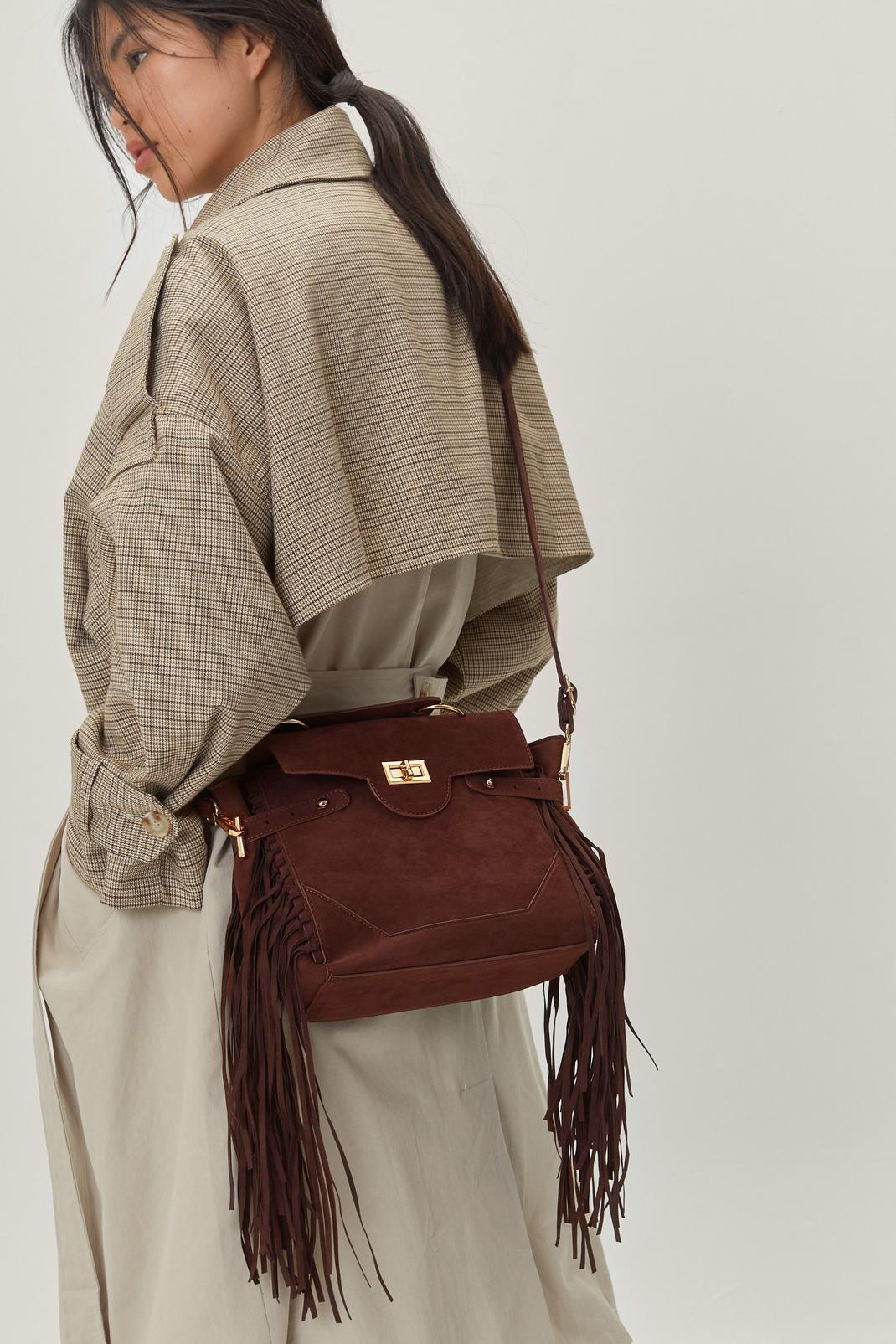 Chocolate Faux Suede Fringed Crossbody Bag image number 1