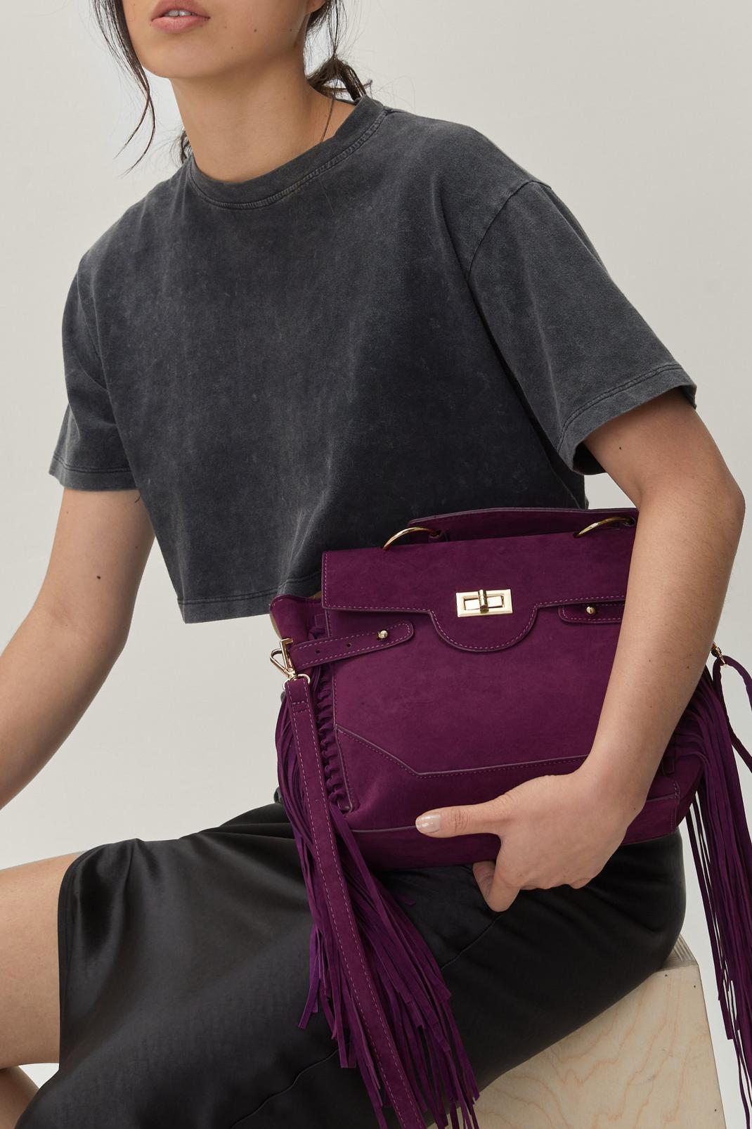 Purple Faux Suede Fringed Crossbody Bag image number 1