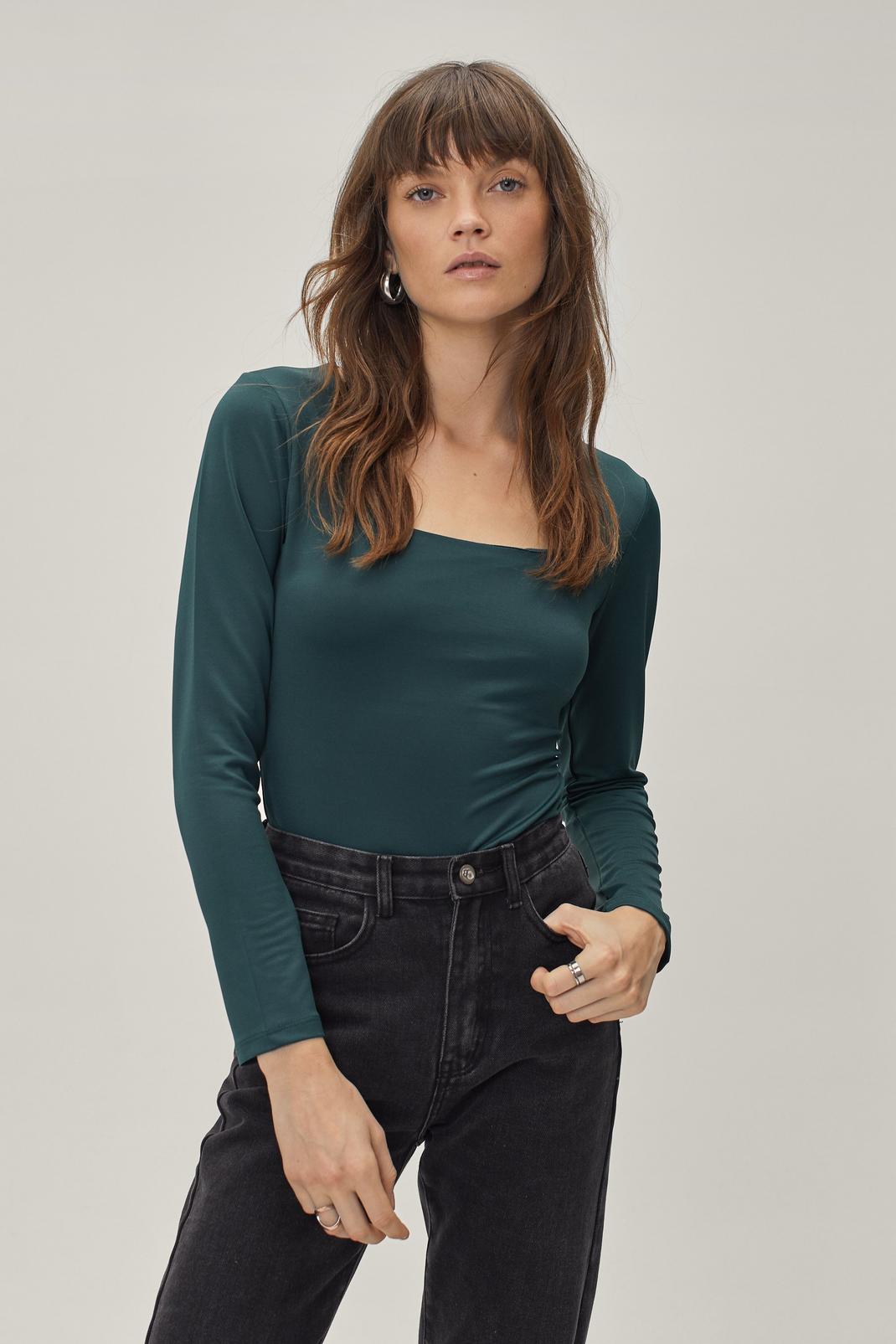 Dark green Square Neck Fitted Long Sleeve Top image number 1
