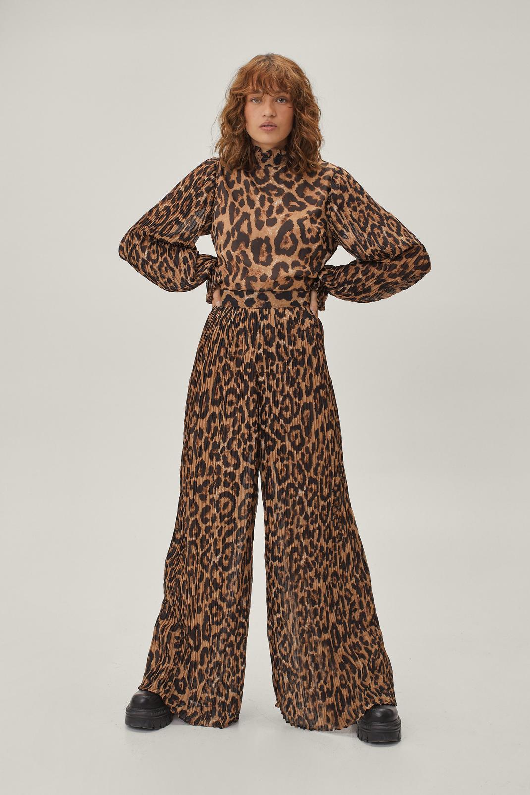 Beige Leopard High Neck Pleated Wide Leg Jumpsuit image number 1