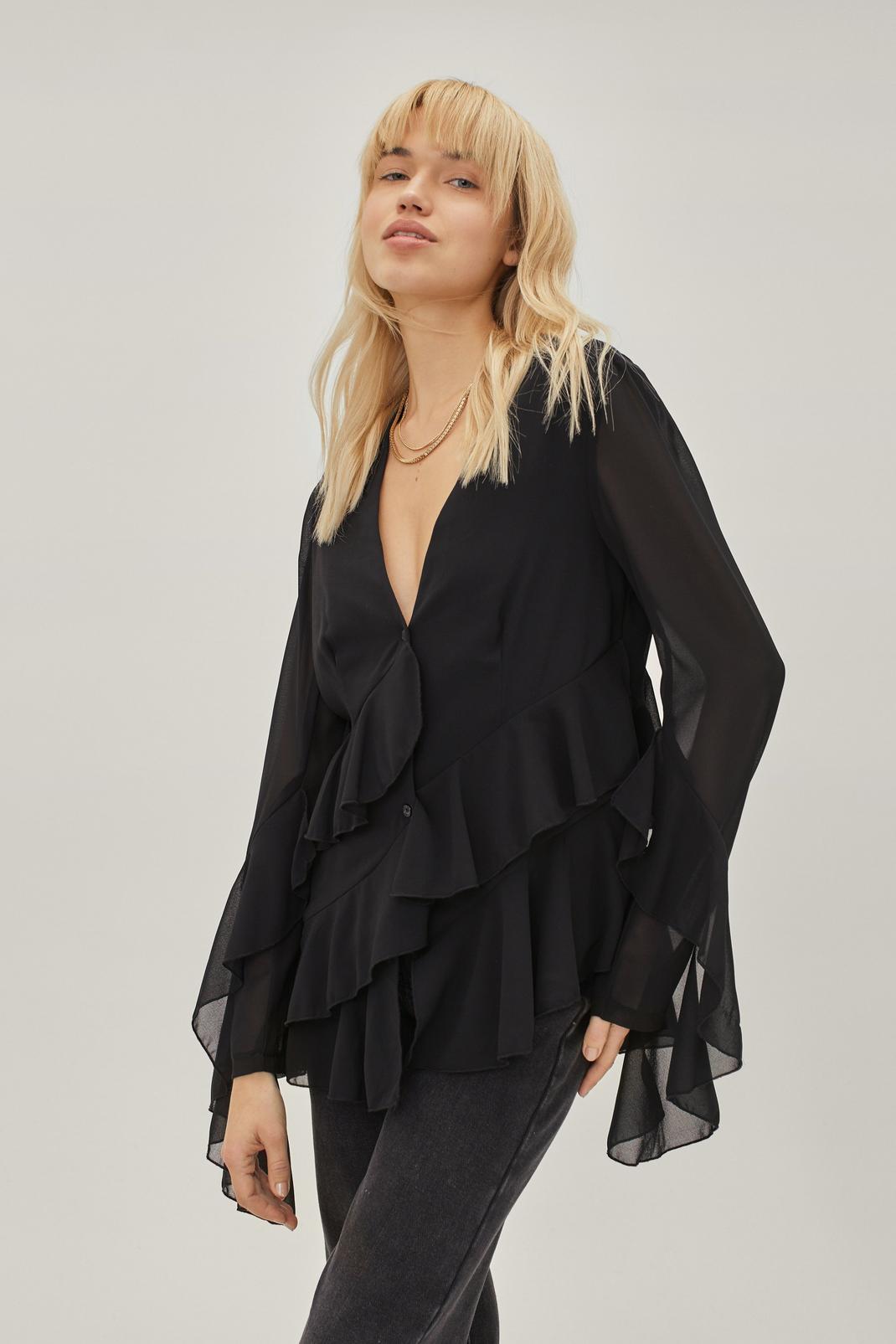 Black Chiffon Ruffle Detail Coord Blouse image number 1