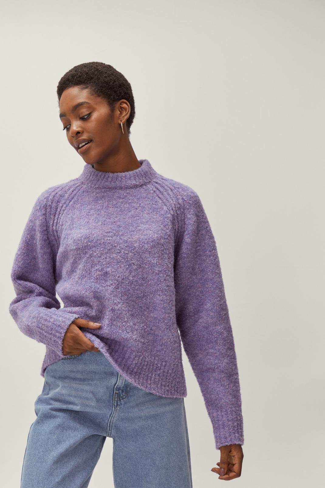 Purple Boucle Knit High Neck Long Sleeve Sweater image number 1