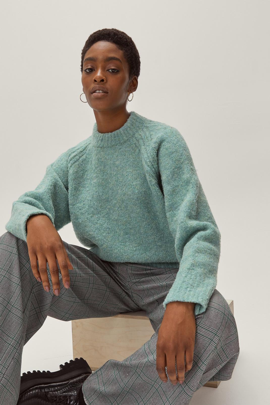 Sage Boucle Knit High Neck Long Sleeve Sweater image number 1