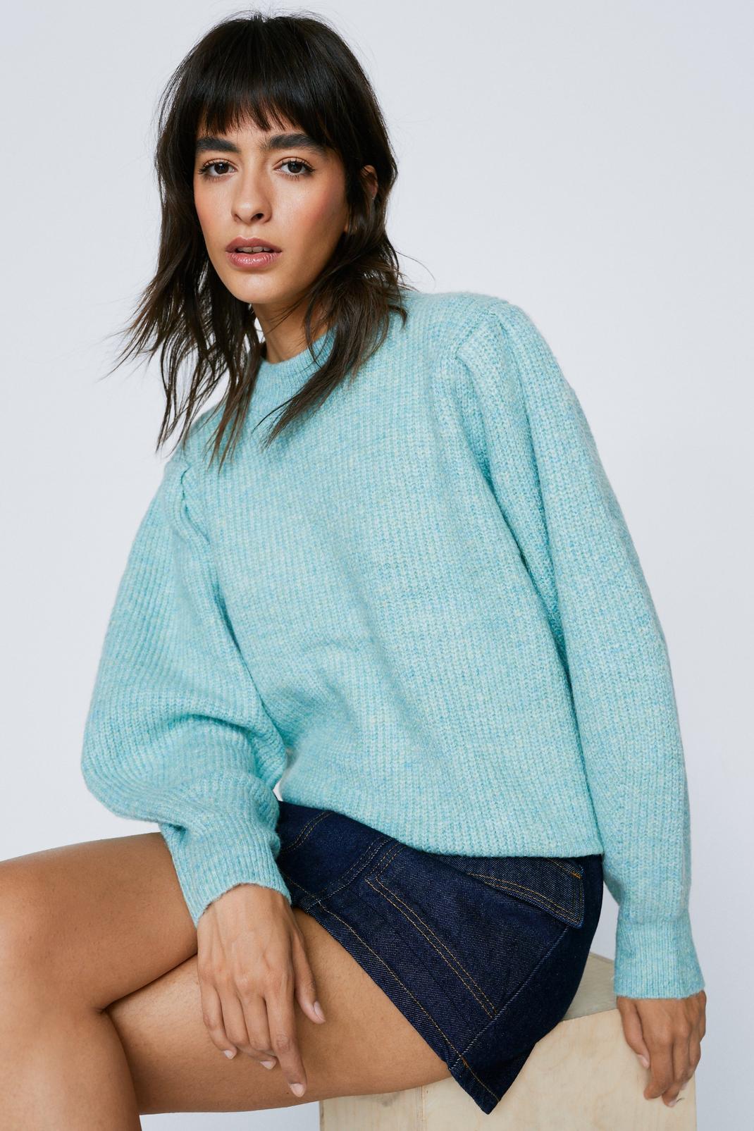 Sage Puff Shoulder Knitted Crew Neck Sweater image number 1