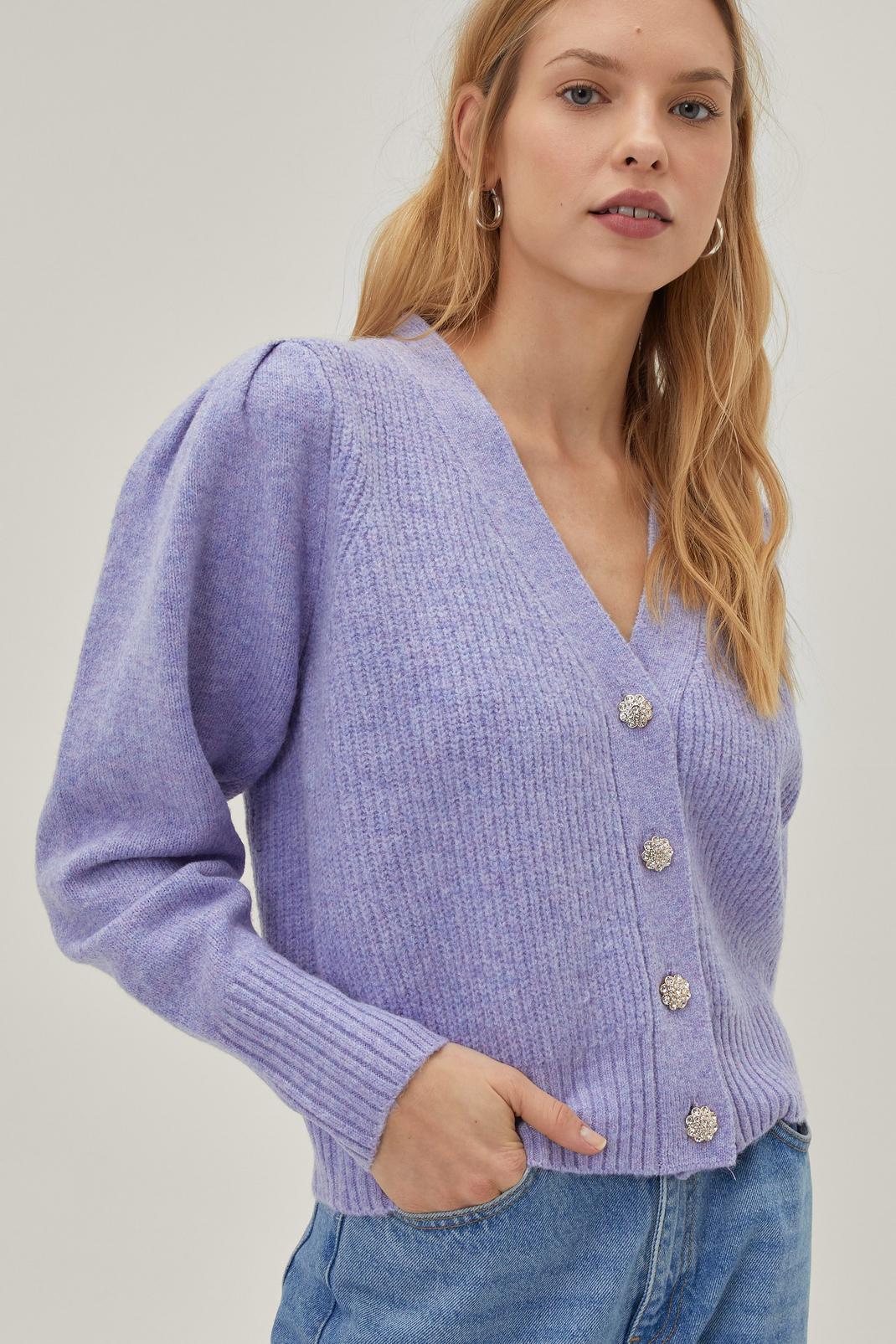 Lilac V Neck Knit Cardigan With Jewel Buttons image number 1
