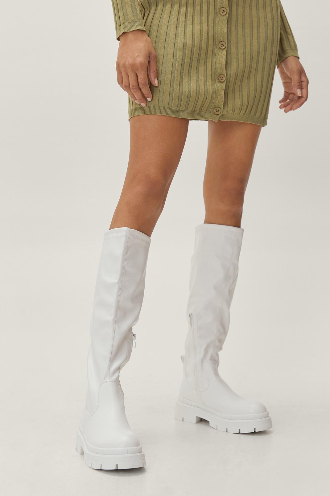 White Faux Leather Knee High Flat Boots image number 1