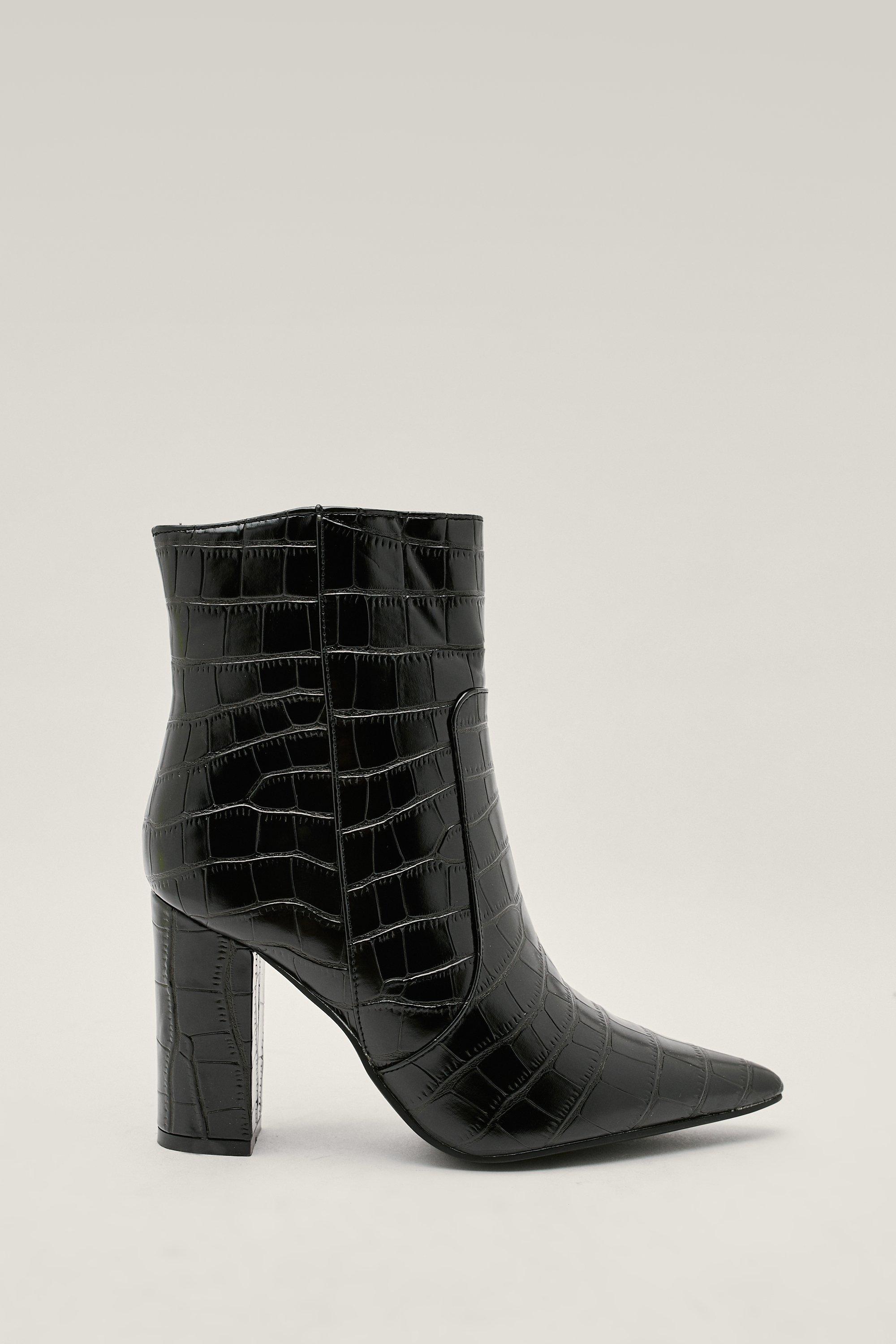 Faux Leather Croc Pointed Ankle Boots