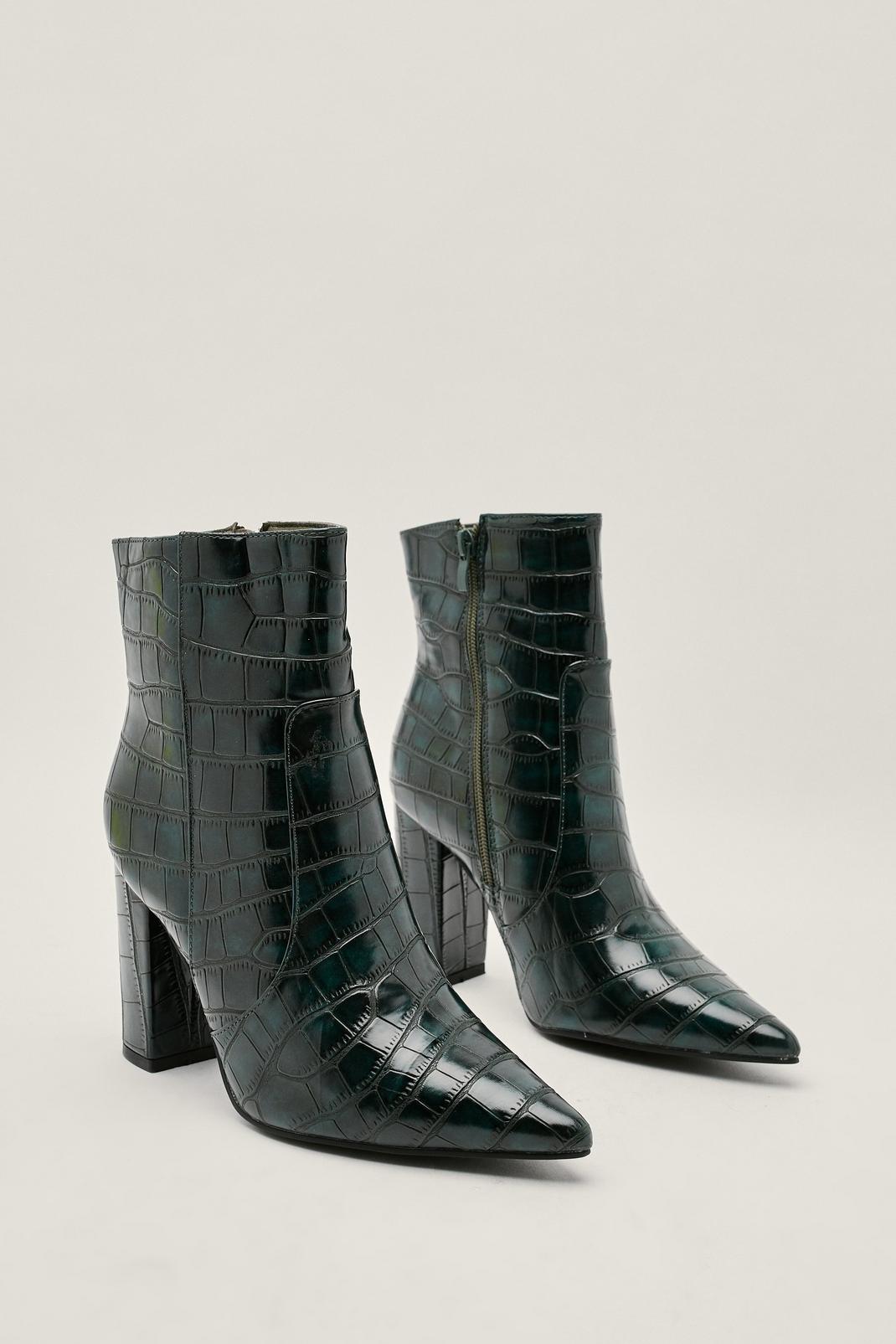 Dark green Faux Leather Croc Pointed Ankle Boots image number 1