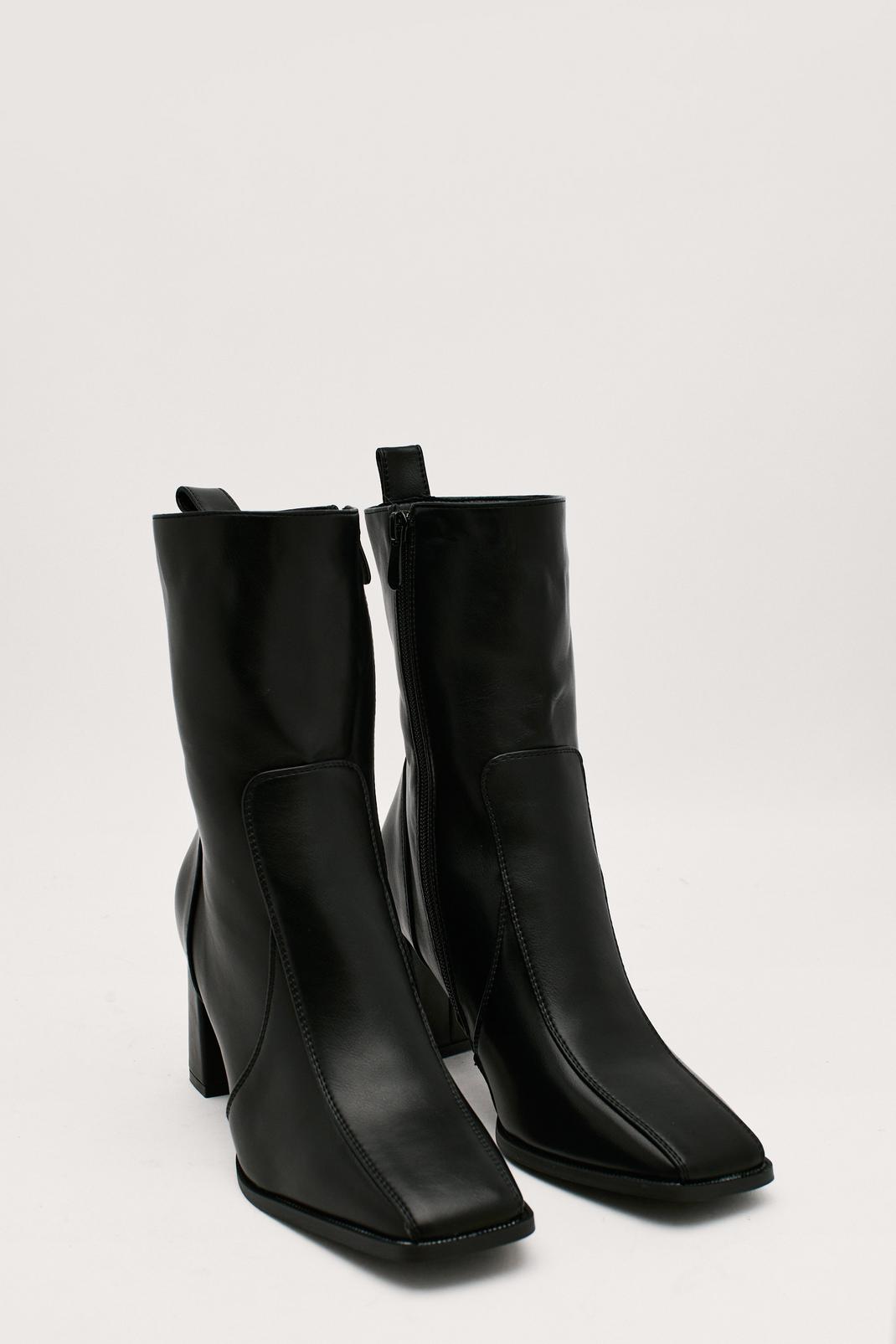 Black Faux Leather Block Heel High Ankle Boots image number 1