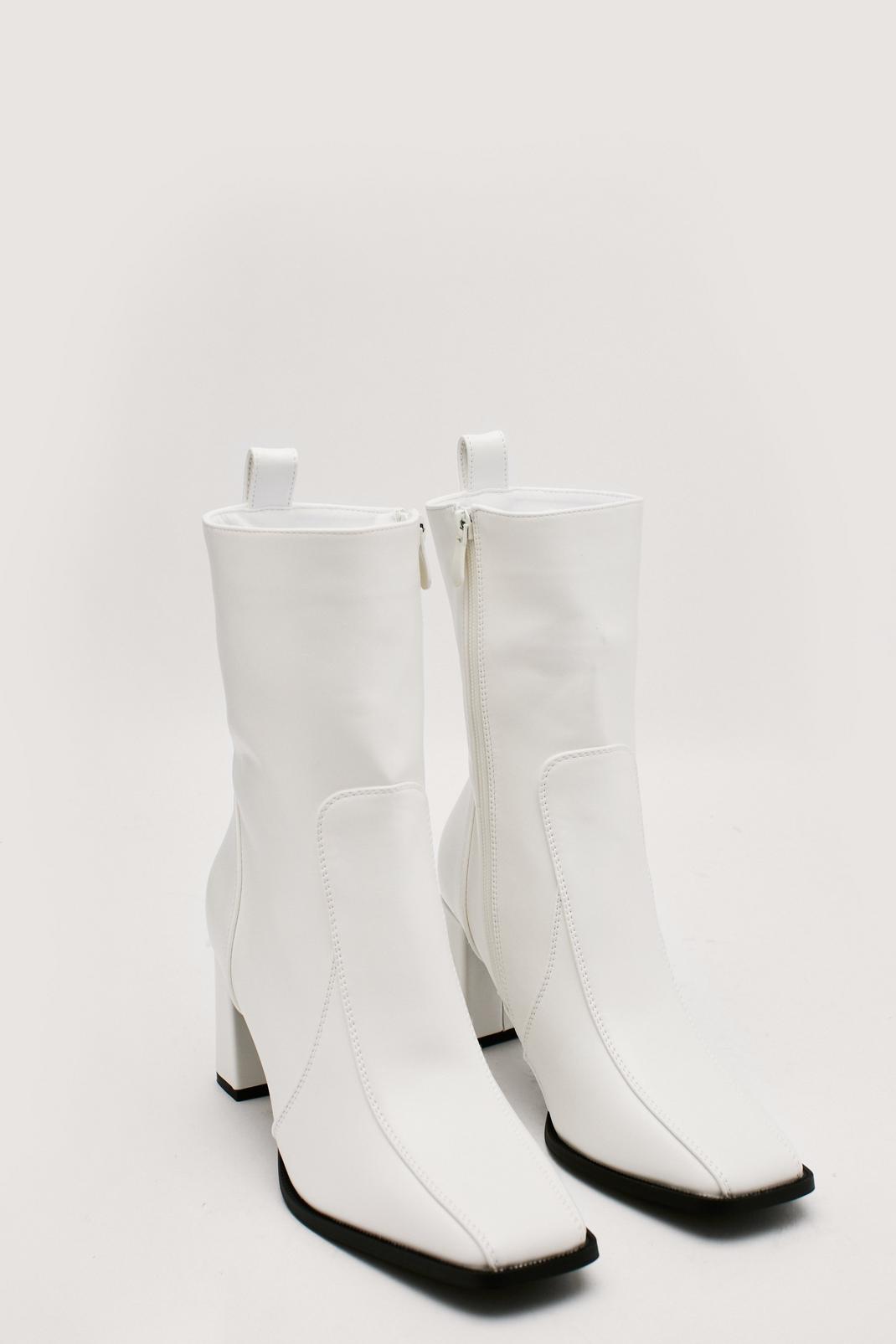 White Faux Leather Block Heel High Ankle Boots image number 1