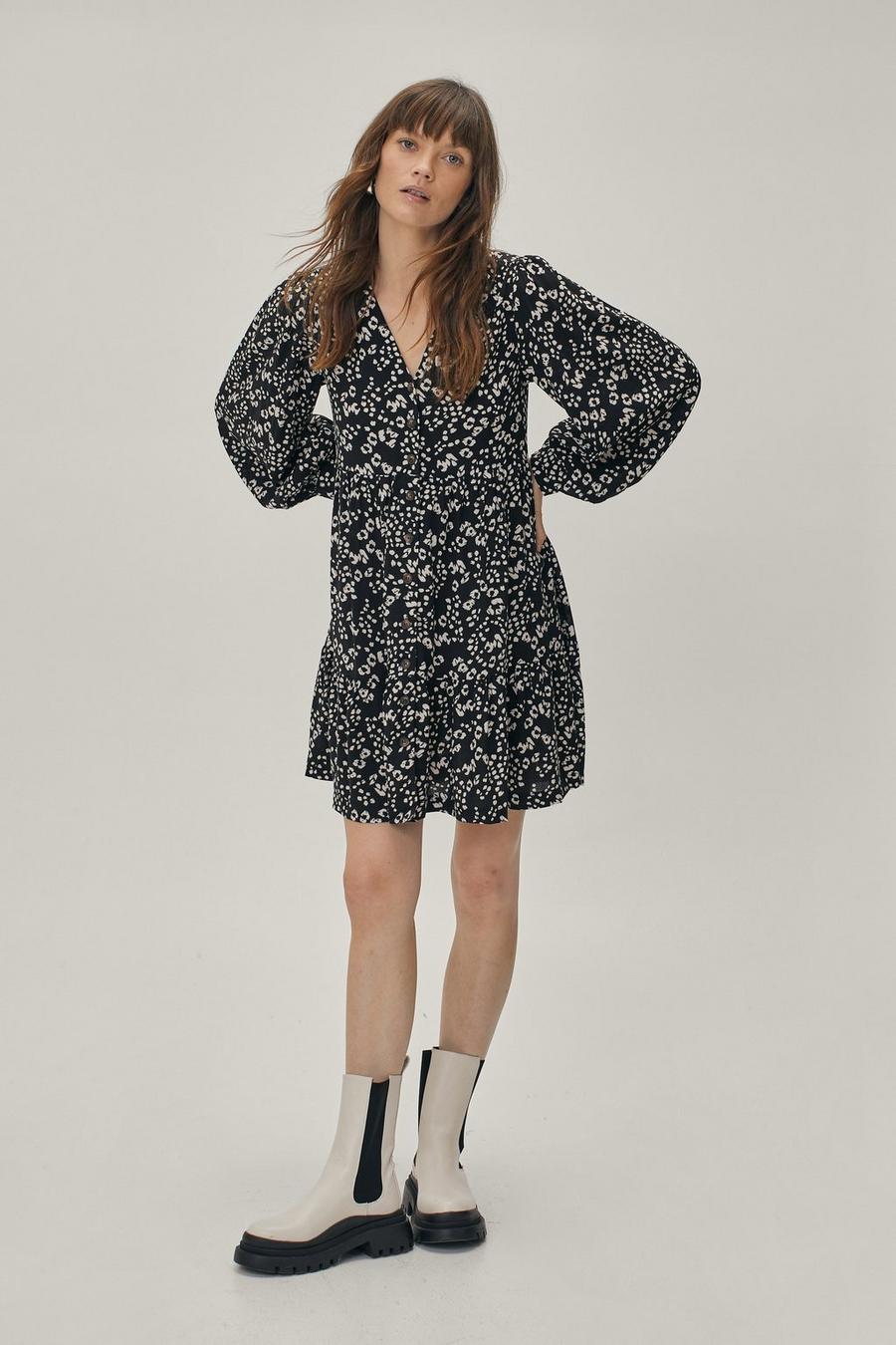 Tiered V Neck Button Down Smock Dress