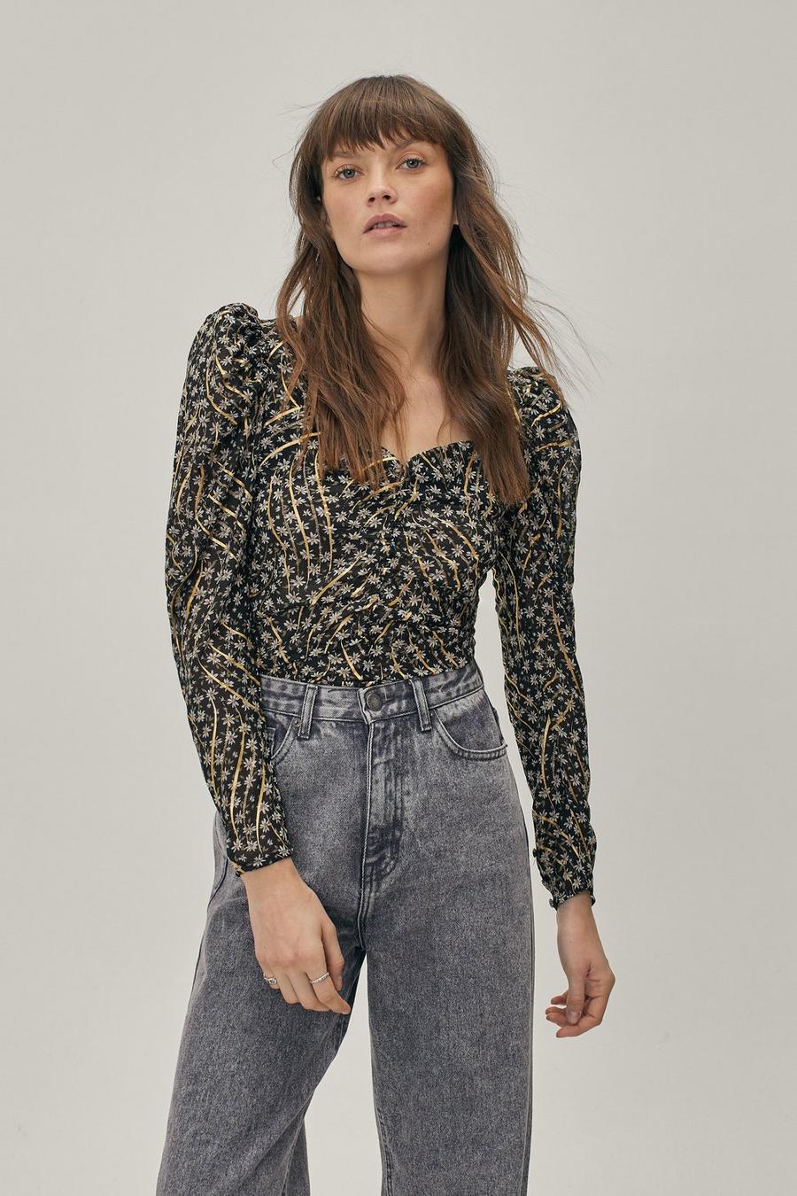 Ruched Front Animal Print Puff Sleeve Blouse