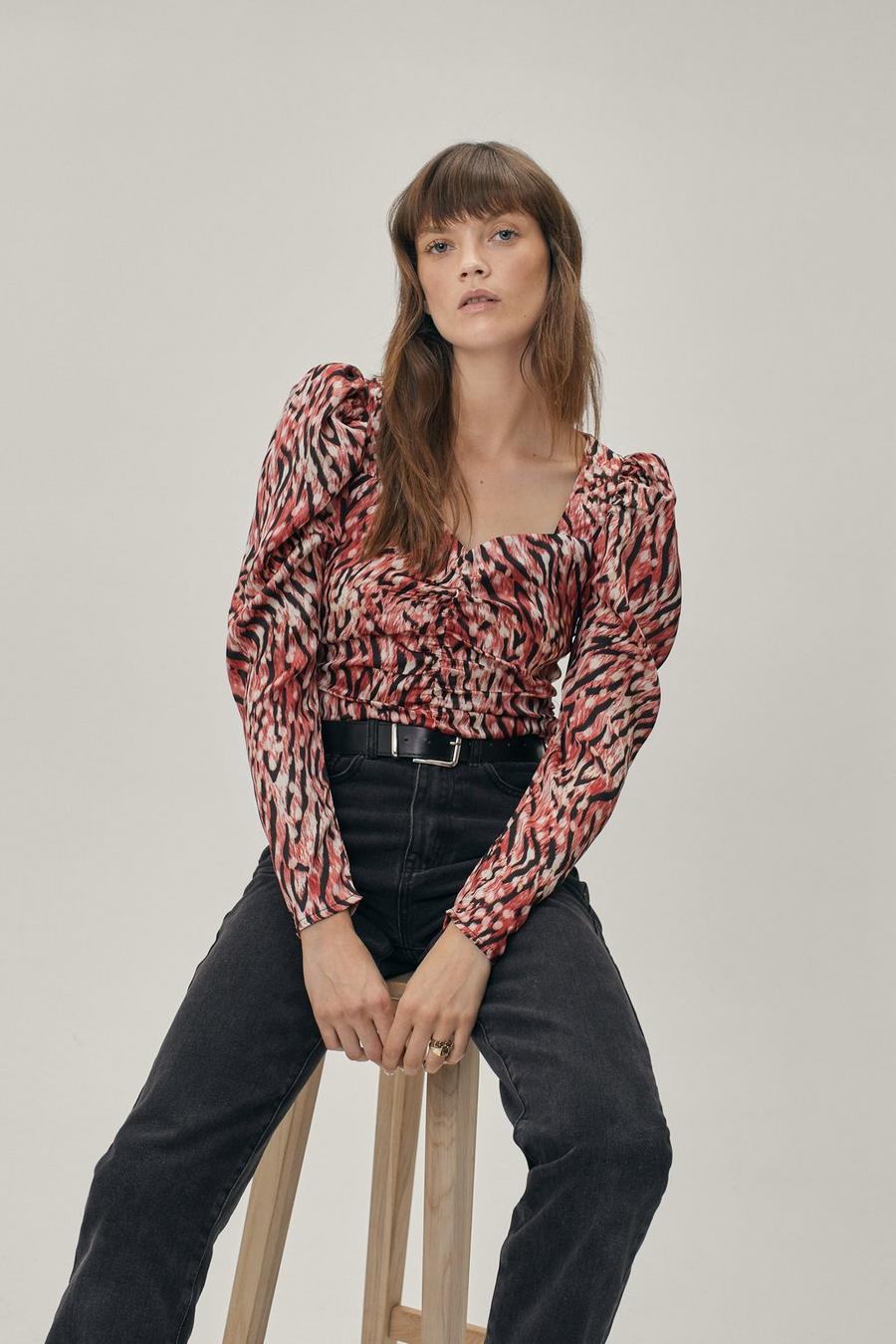 Ruched Front Animal Print Puff Sleeve Blouse