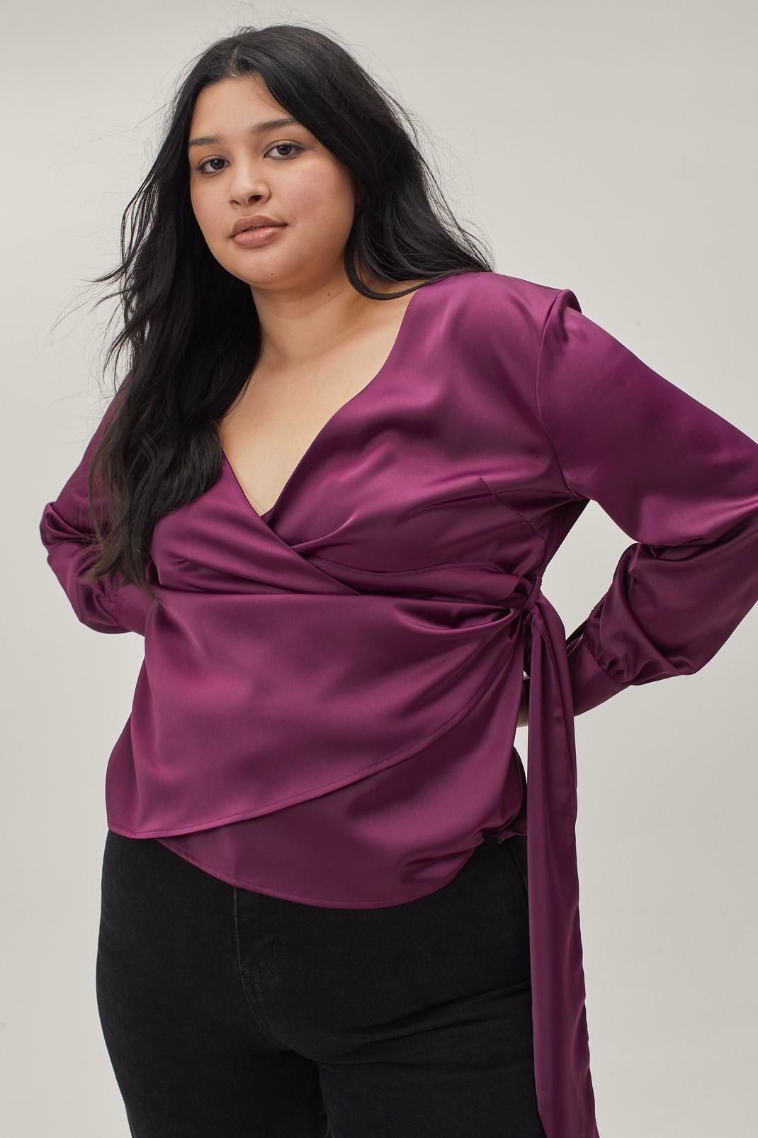 Berry Plus Size Tie Side Draped Satin Blouse image number 1