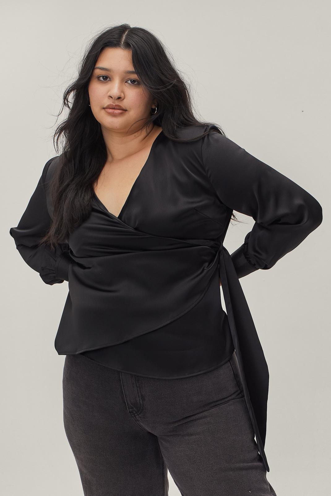 105 Plus Size Tie Side Draped Satin Blouse image number 1