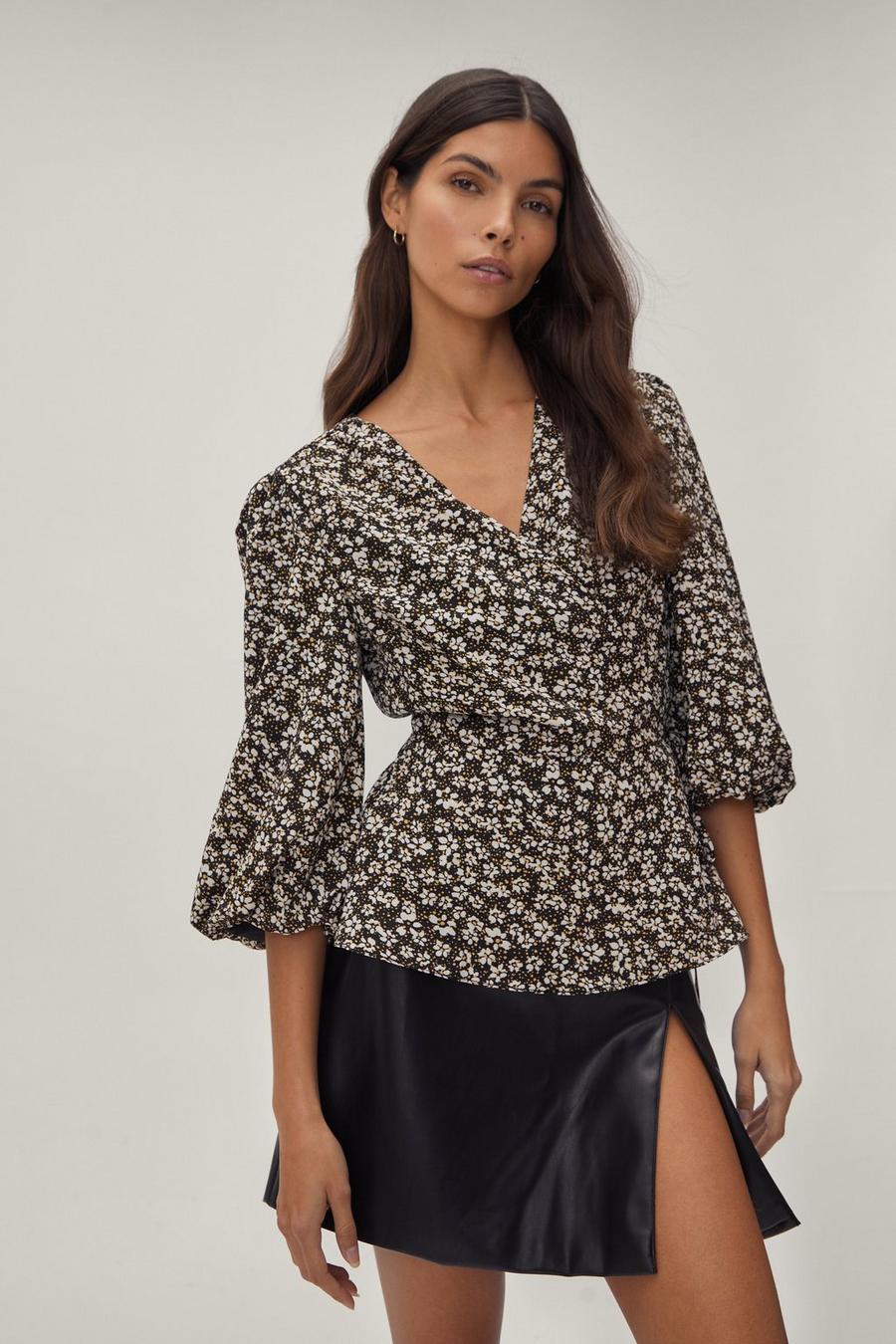 Puff Sleeve Wrap Tie Side Blouse