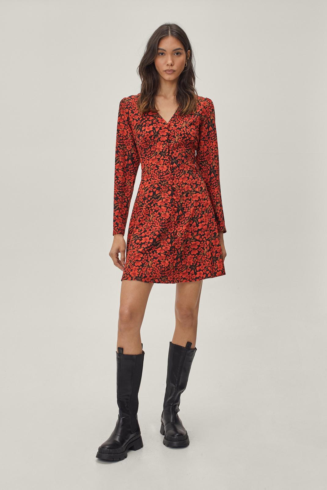 Red Button Down Floral Print Mini Tea Dress image number 1