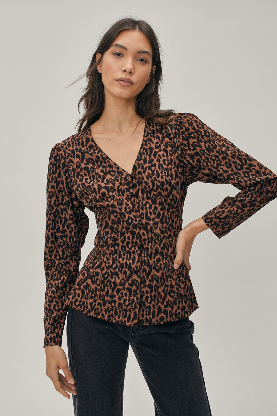 Animal Fitted Button Down V Neck Blouse image number 1