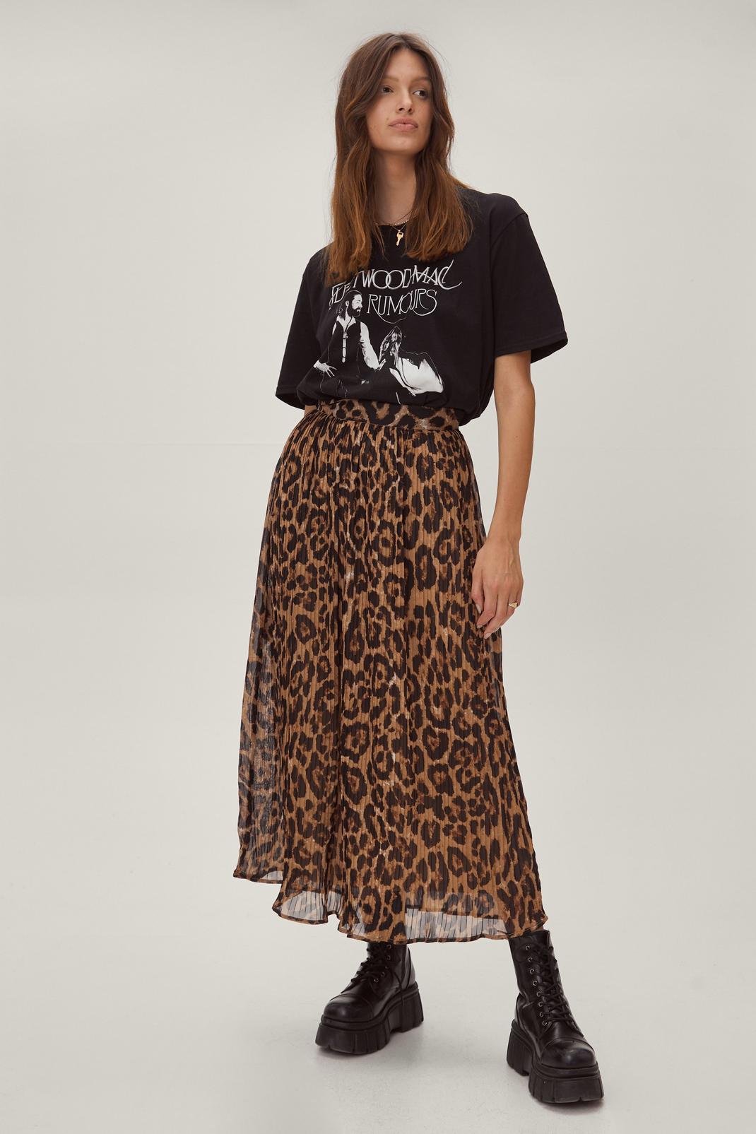 Beige Pleated Leopard Midi Skirt image number 1