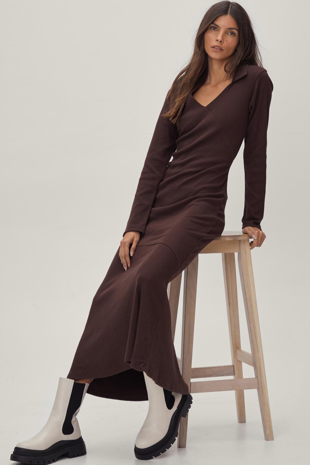 Chocolate Ribbed Flounce Collared Maxi Dress image number 1