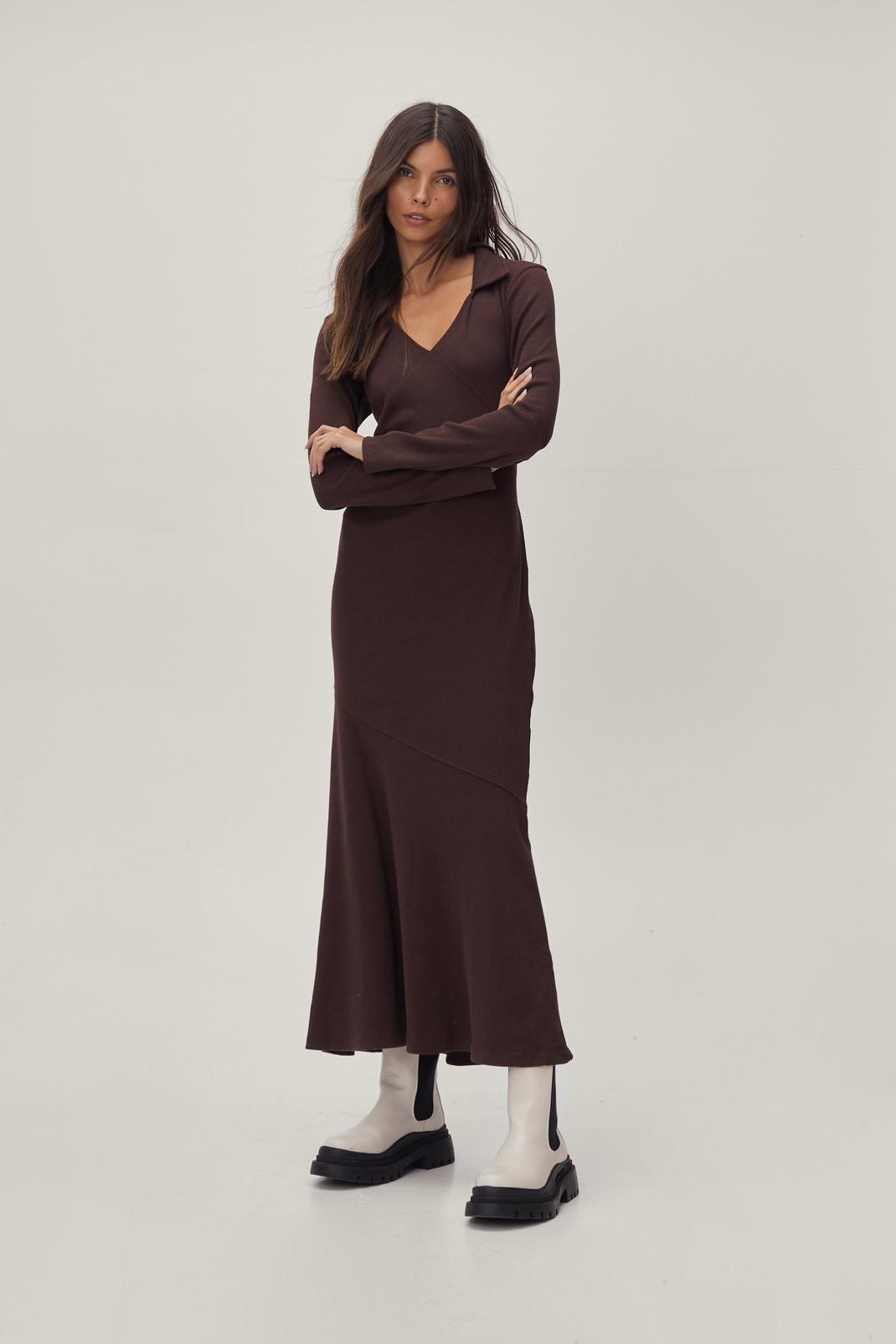 186 Ribbed Flounce Collared Maxi Dress image number 2