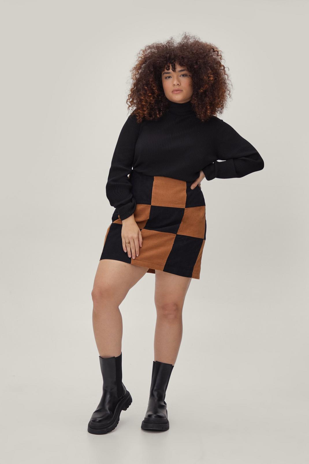 Tan Plus Size Corduroy Colourblock Mini Skirt image number 1