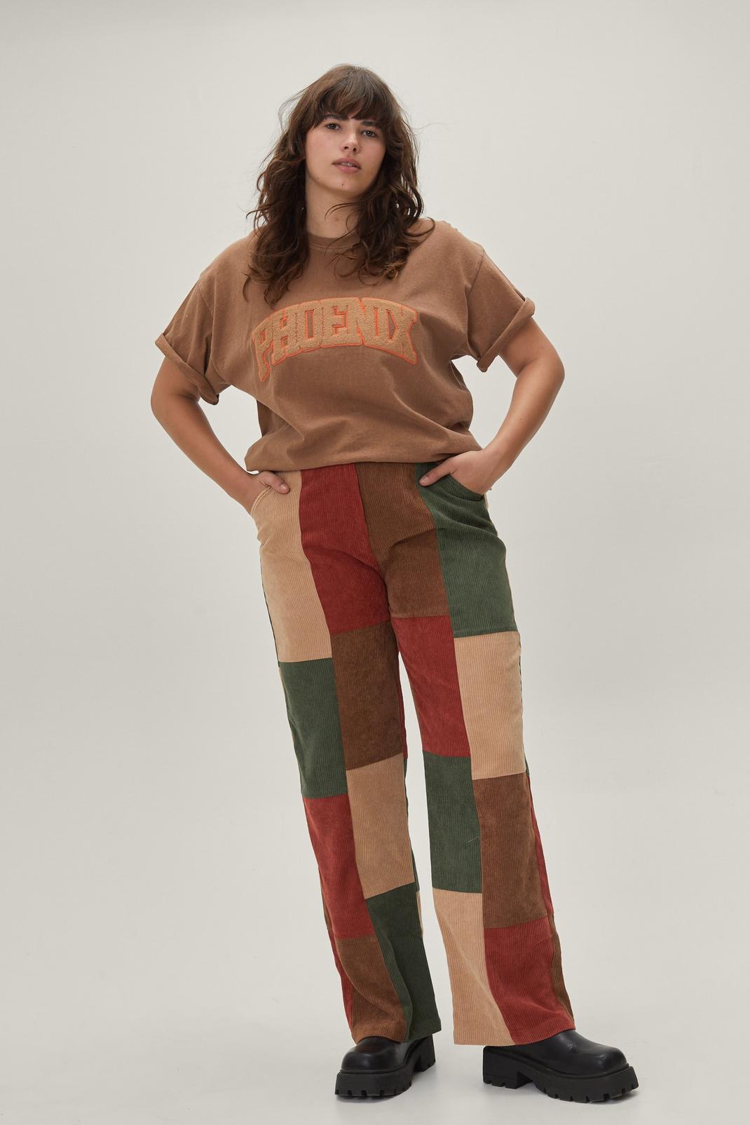 Green Plus Size Patchwork Cord Pants image number 1