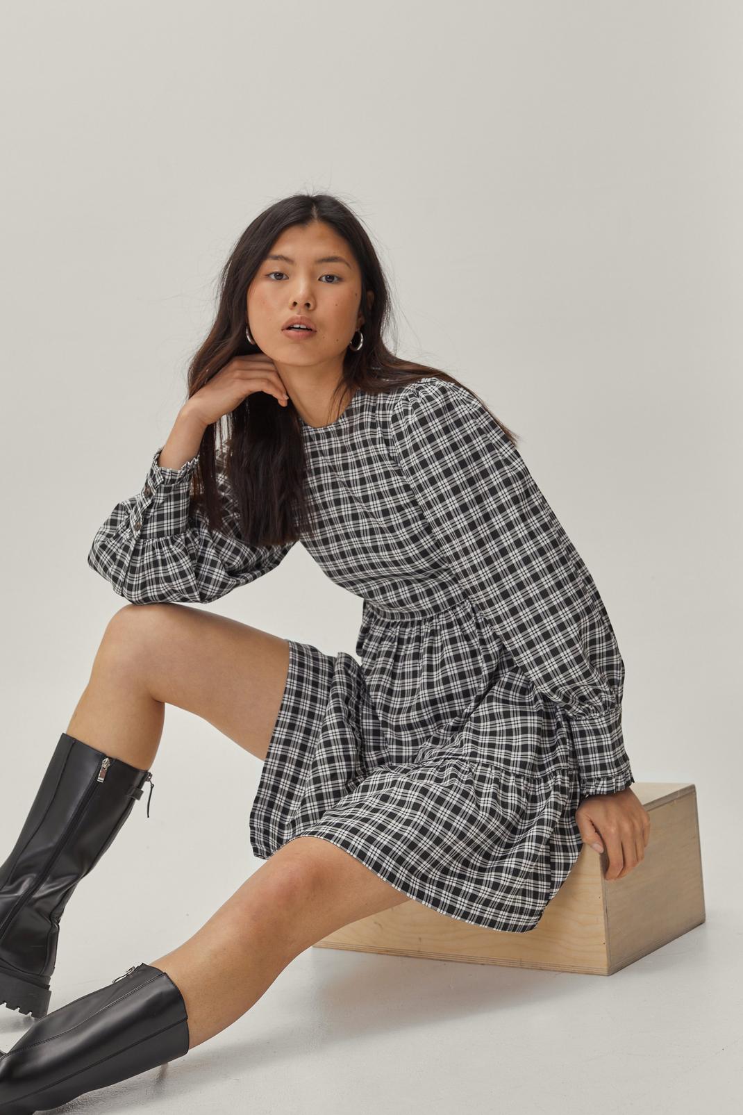 Black Check Tiered Puff Sleeve Mini Dress image number 1