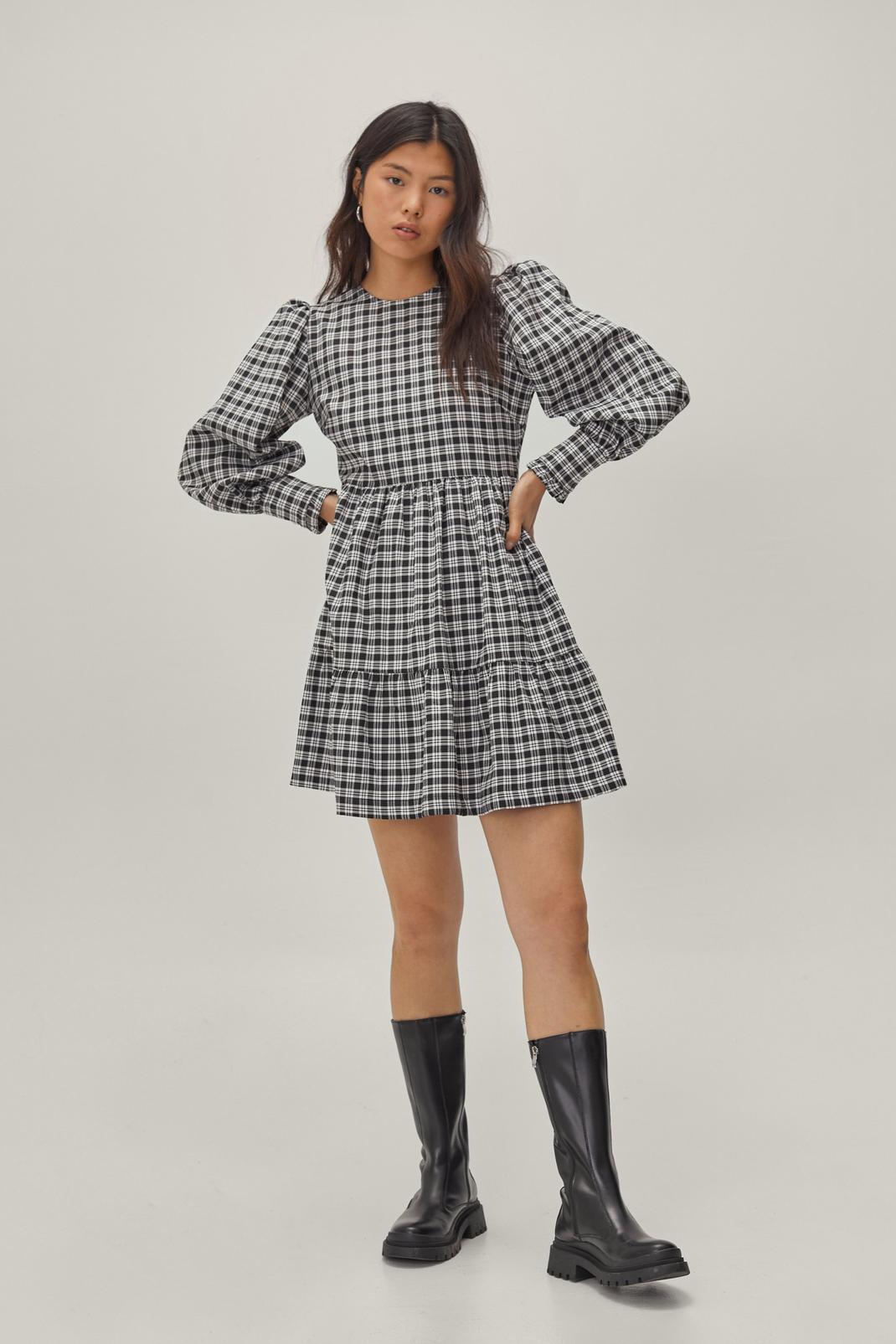 105 Check Tiered Puff Sleeve Mini Dress image number 2